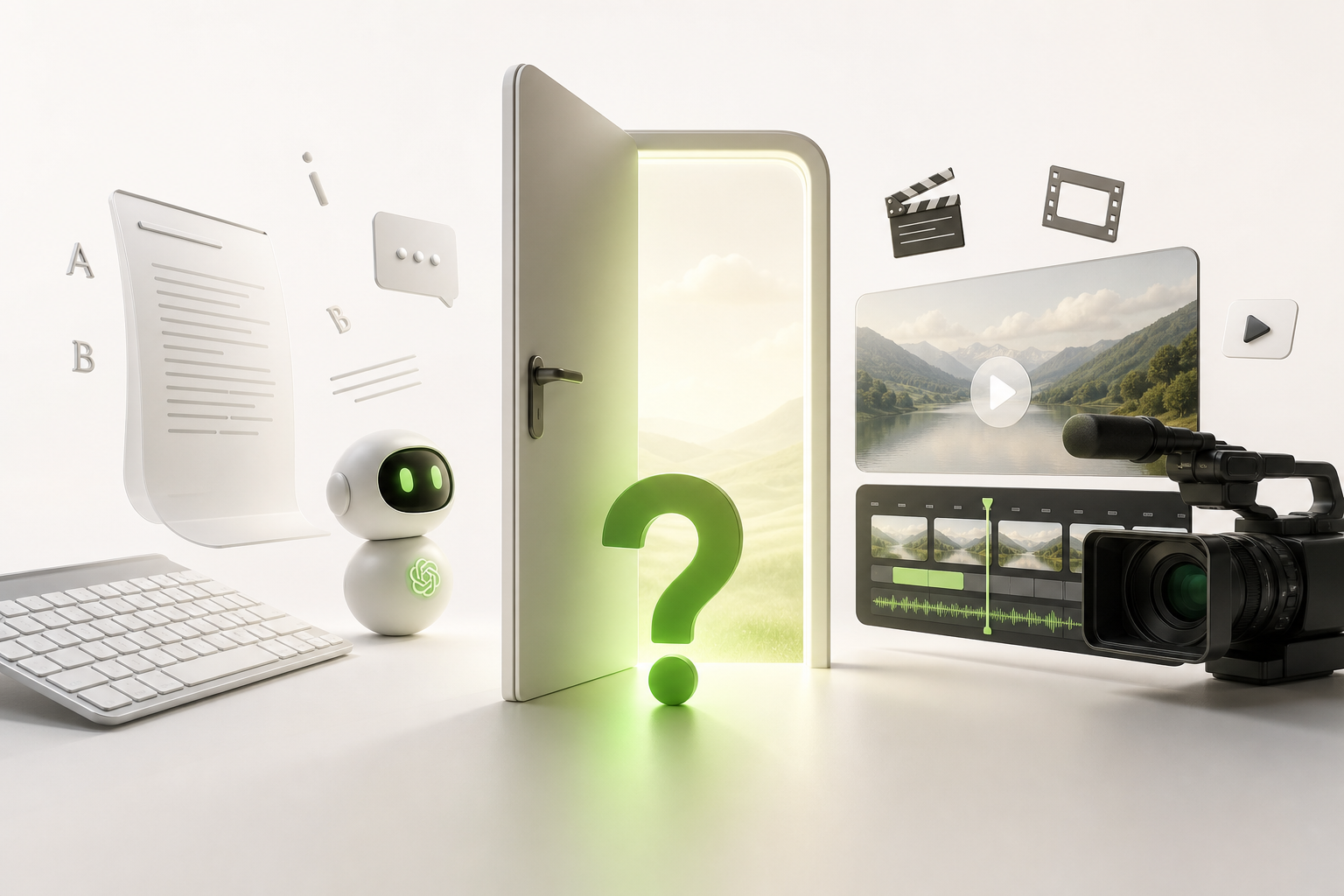 A large door slightly ajar letting a beam of light through: on one side a keyboard and words, on the other a camera and a video timeline…