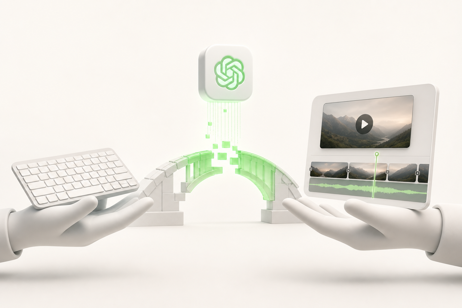 Two hands reaching toward each other without touching: one holds a keyboard, the other a video editing timeline — between them, a void…