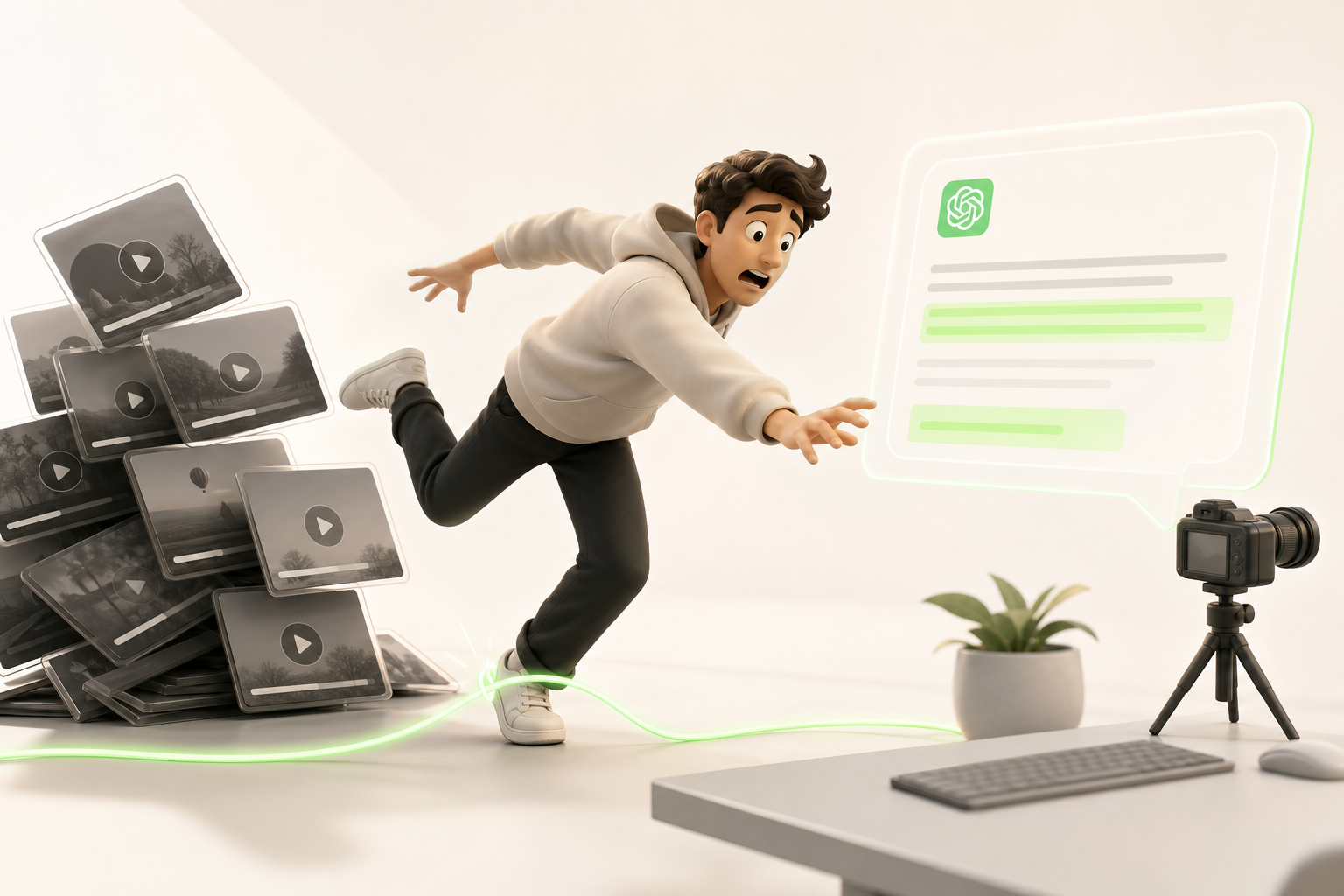 A creator tripping over an invisible cable stretched in front of a pile of unfinished videos, eyes fixed on a screen showing a response…