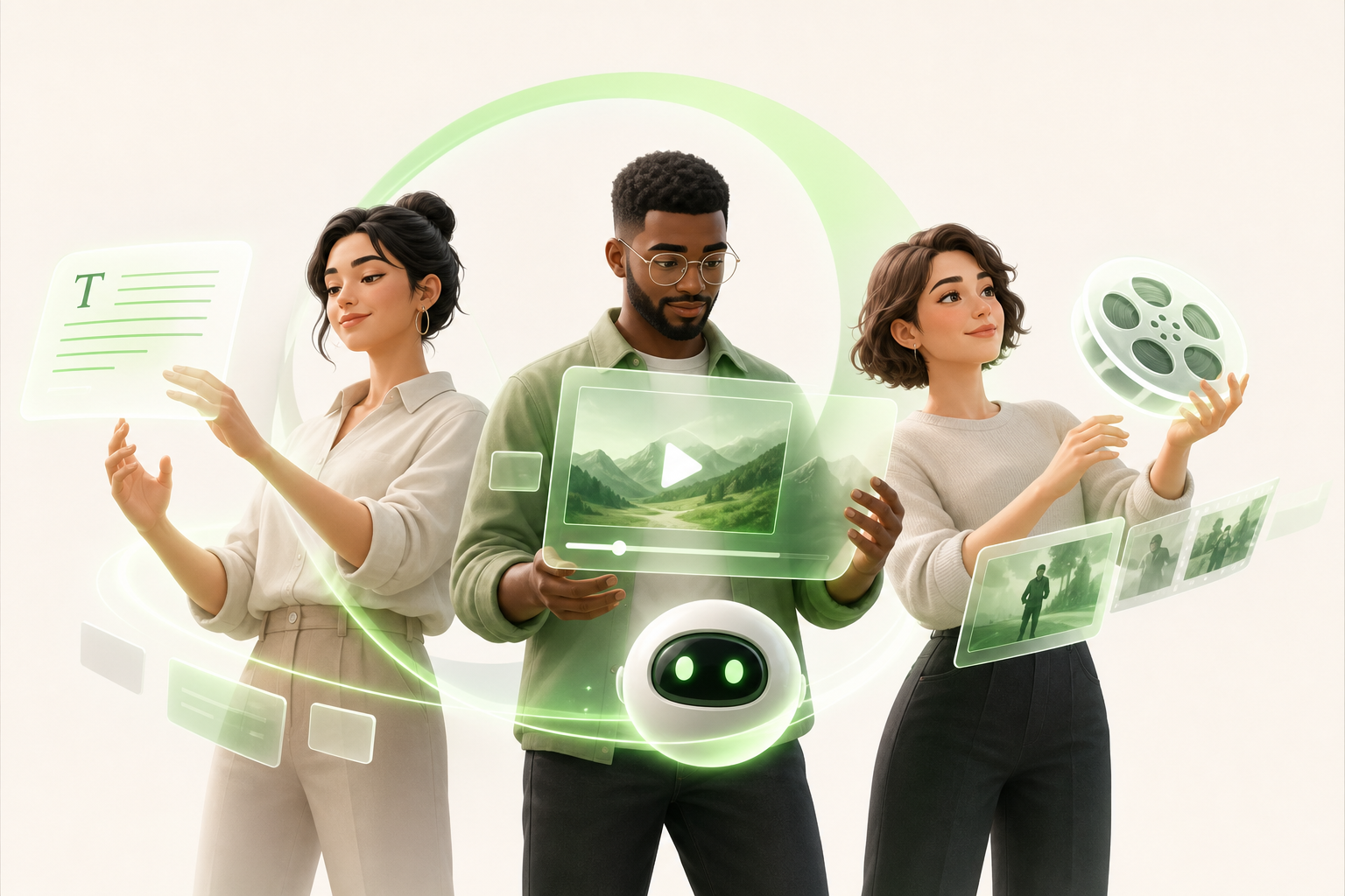 Three creators in confident poses, each smoothly juggling a different object — text, an animated image, a film reel — their gestures fluid…