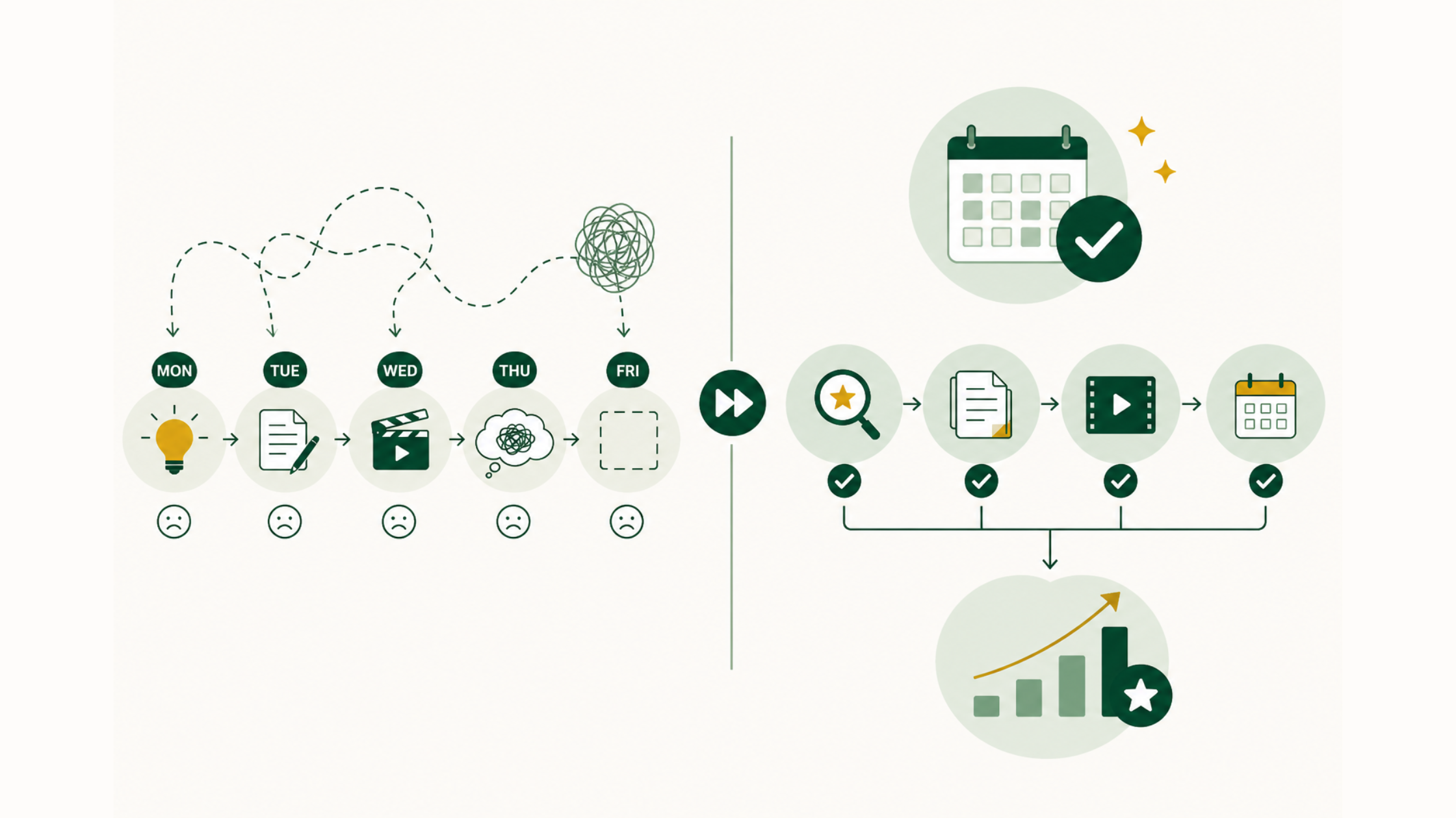 Traditional workflow (1 video per day, guaranteed burnout) vs batch workflow (1 session = 10 videos ready to post)