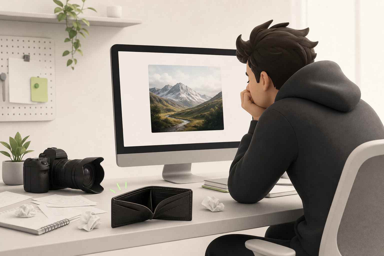 A solo creator at a cluttered desk, surrounded by an unused camera and an empty wallet symbolizing a nonexistent budget…
