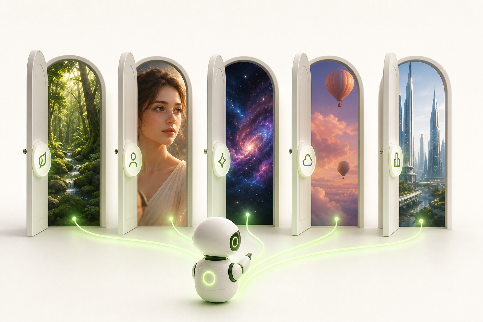Five different doors lined up side by side, each slightly open onto a distinct animated scene — a rustling forest, a vivid portrait…