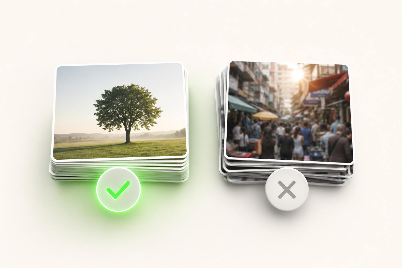 Two stacks of photos side by side: one sharp, well-framed, with a clear subject and clean background; the other blurry, cluttered with detail…