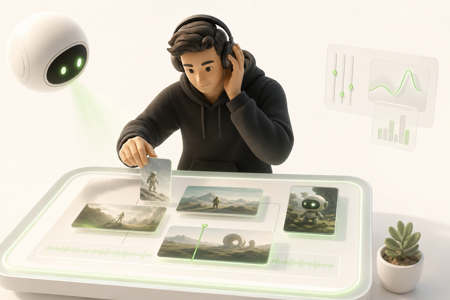 A creator adjusts headphones while layering several small animated clips on a light table, focused on the rhythm of the music…
