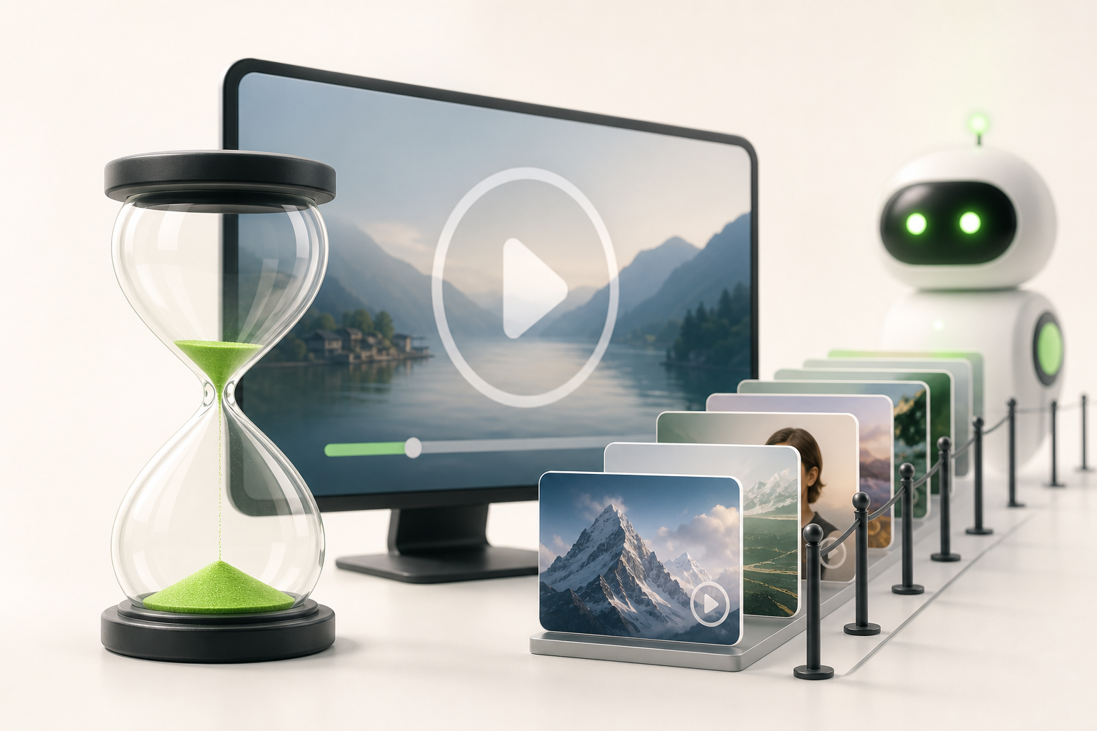 An almost-empty hourglass sits in front of a screen showing a watermarked video, next to a long waiting queue…