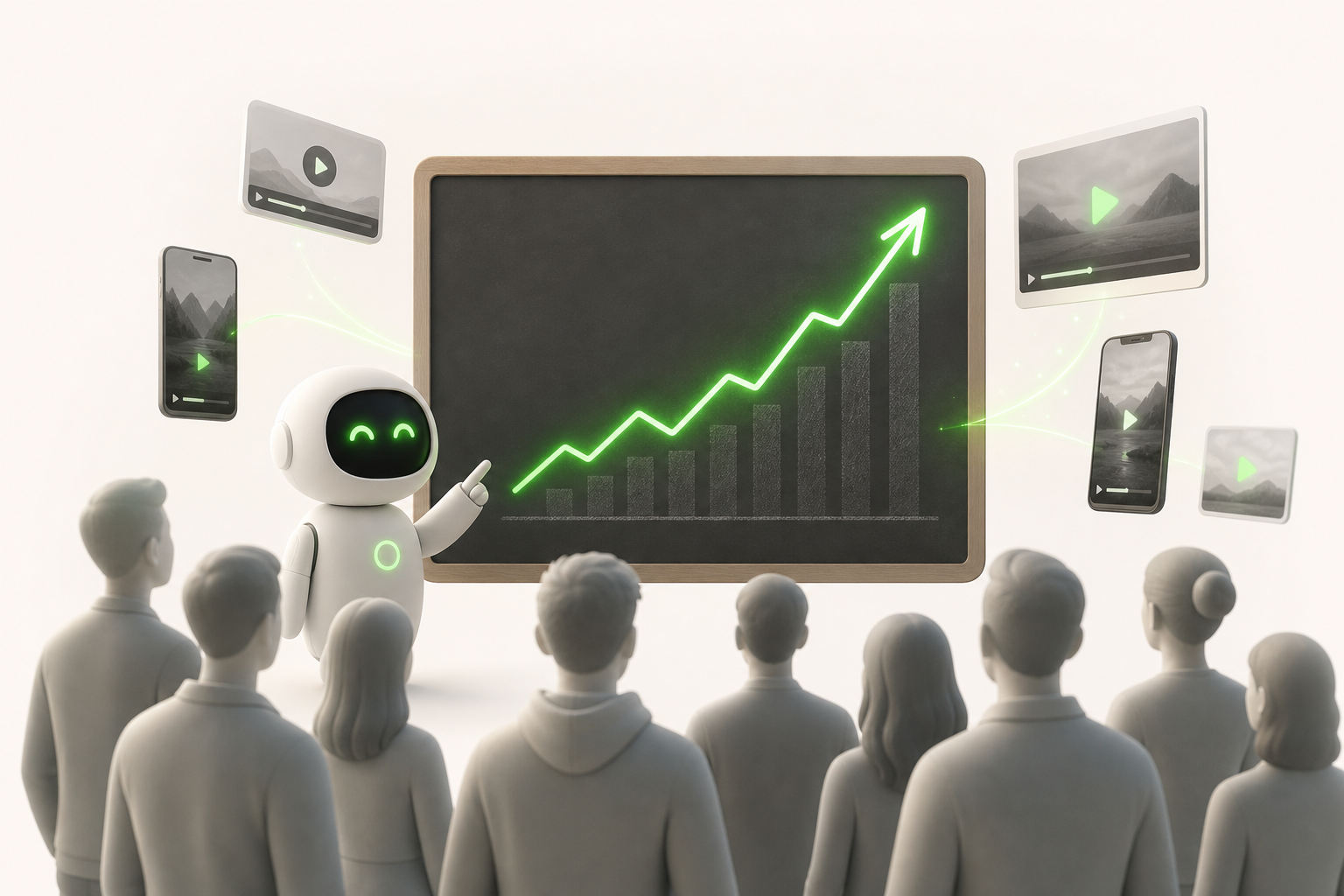 An imaginary graph traced in chalk on a blackboard shoots upward, surrounded by small icons of smartphones and blurred screens…