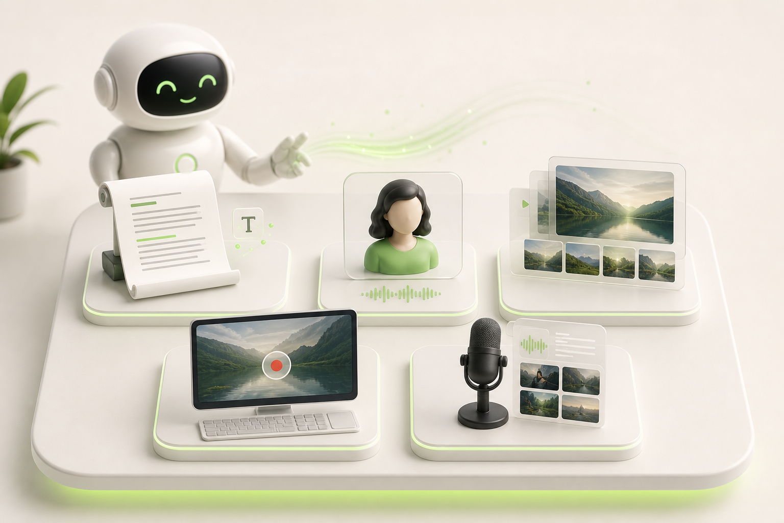 Five miniature scenes arranged in a grid on a light table: a screen with animated text, a digital avatar, a slideshow…