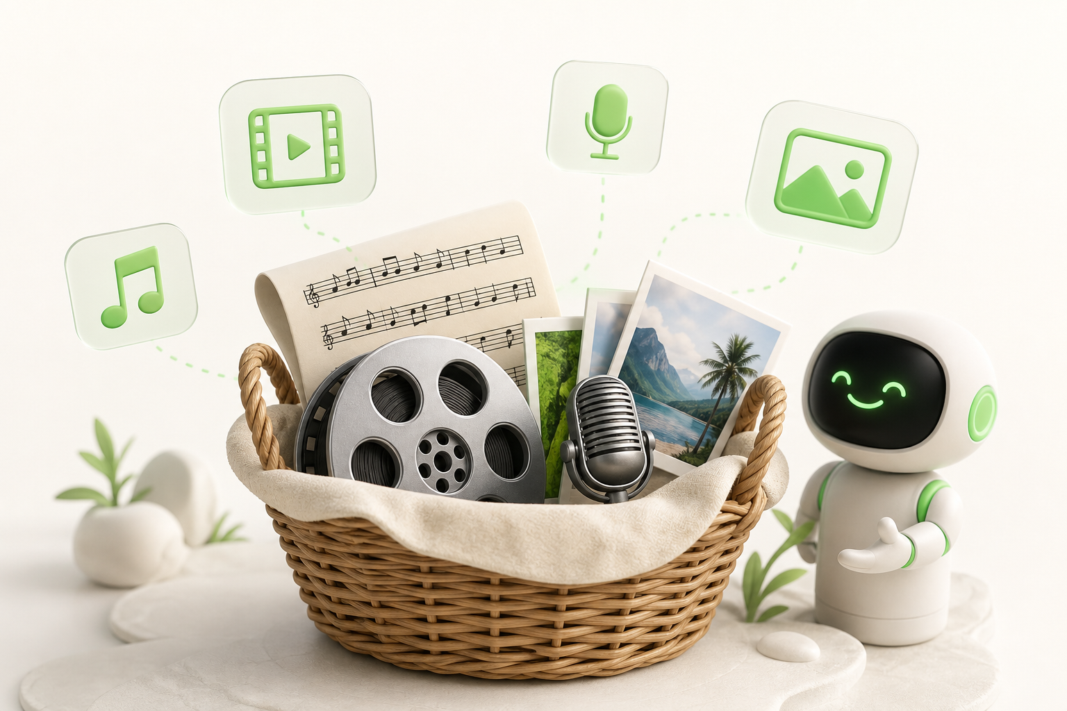A wicker basket overflowing with various resources: a sheet of music, a film reel, a miniature microphone, and photographs…
