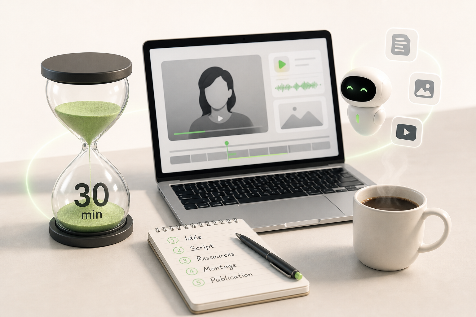 A thirty-minute hourglass sitting next to an open laptop, with a handwritten list of steps on a notepad and a stack…
