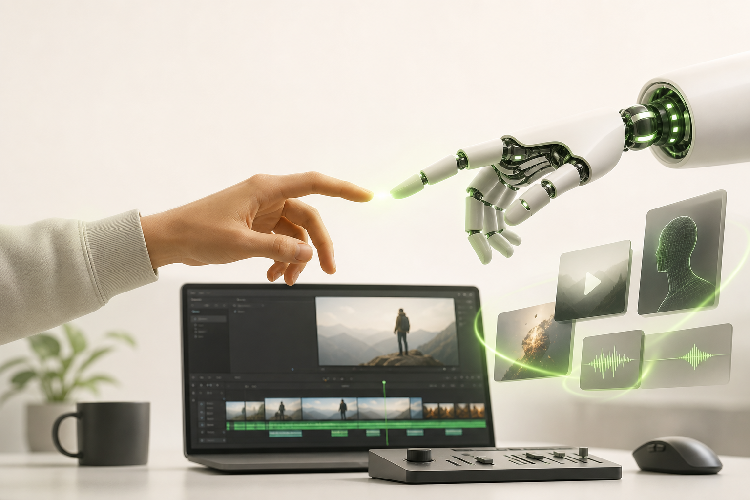 A human hand reaching toward a glowing robot hand above a video editing desk, their fingers almost touching in the style of…
