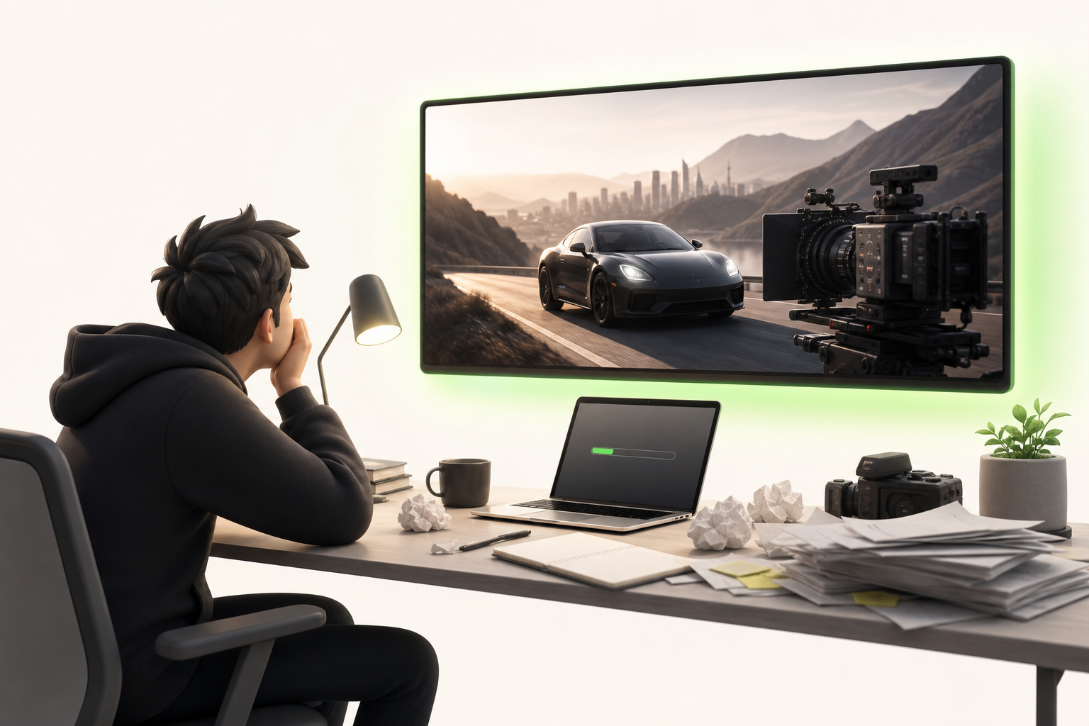 A lone creator sitting at a cluttered desk stares at a screen displaying a polished professional video from a major brand, looking…