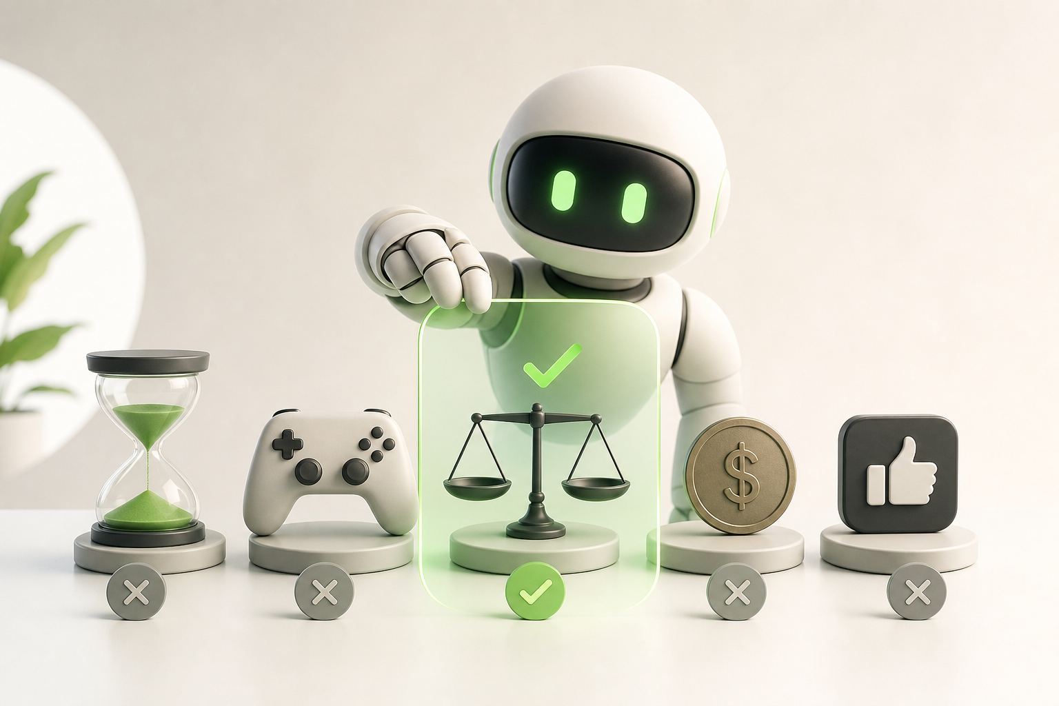 Five symbolic objects arranged in a row on a table — an hourglass, a game controller, a scale, a coin, and an icon…