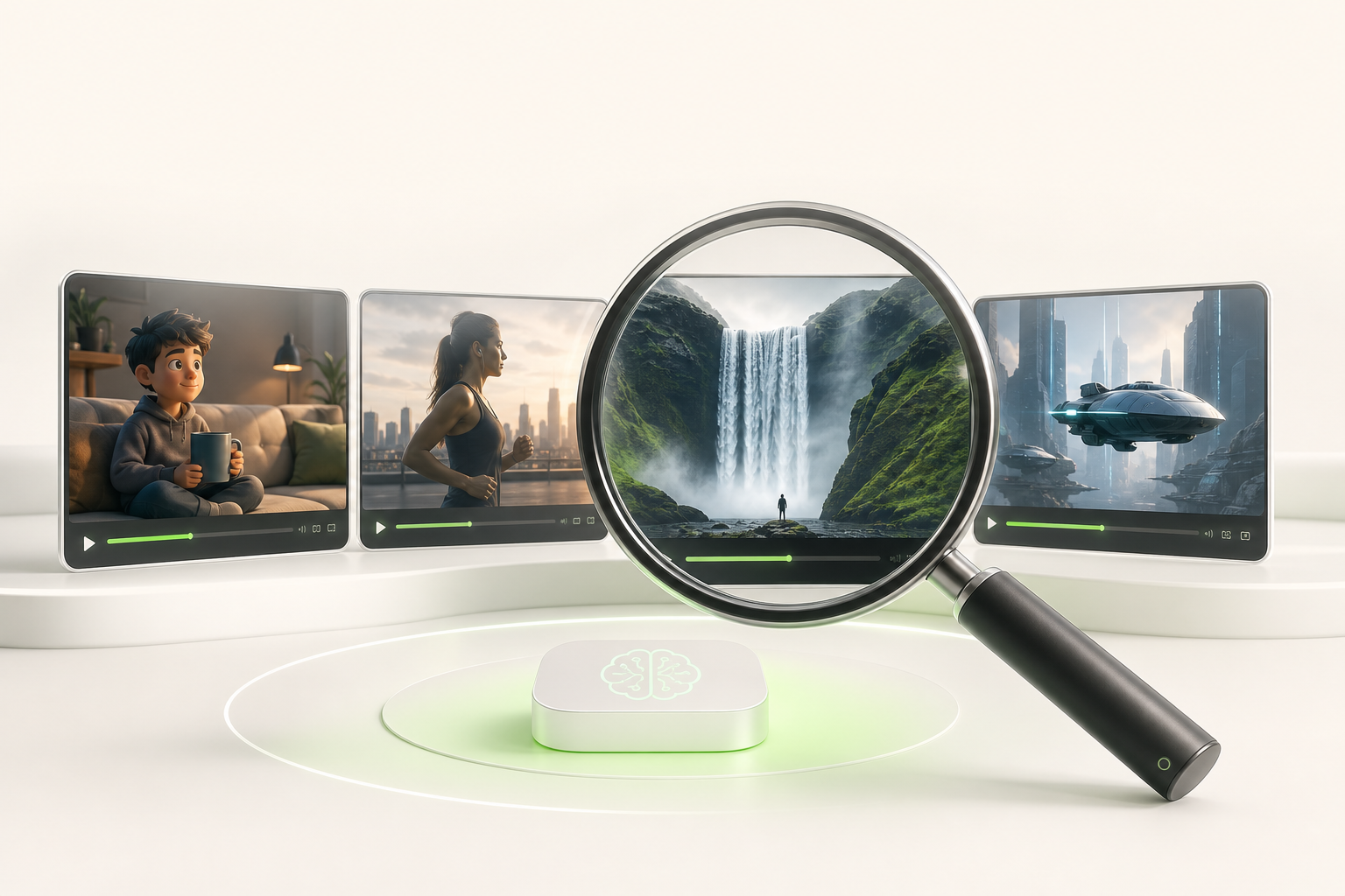 Several screens side by side each display a short AI-generated video sequence in a slightly different style, while a magnifying glass…