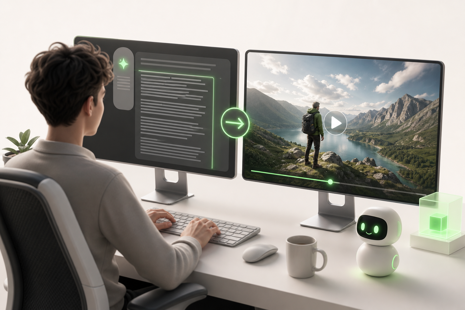 A creator hunched over their keyboard carefully types out a long detailed text description, and just beside them on a second screen…