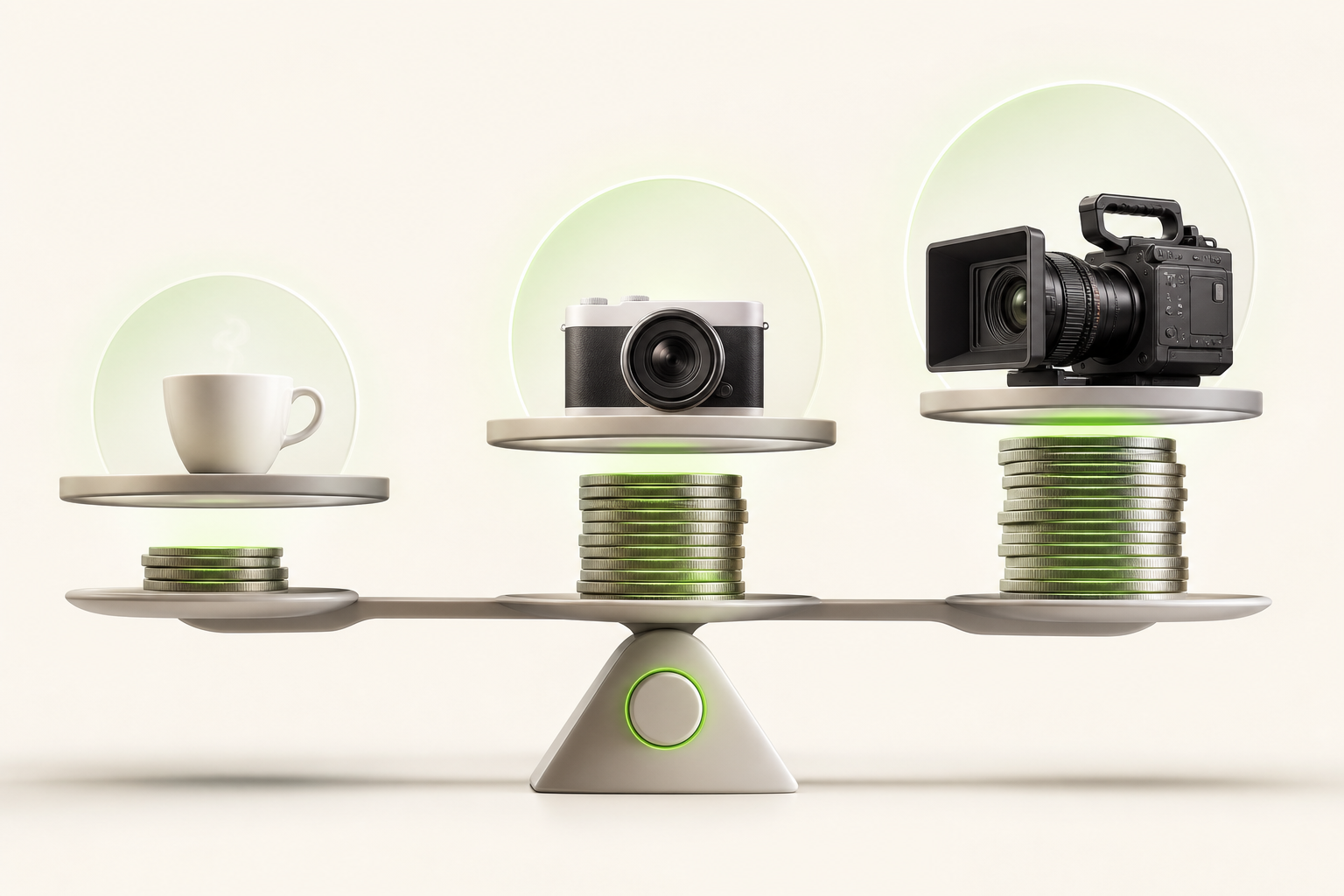 Three balanced scale platforms each carry a symbol representing a usage level — a coffee cup for free, a camera for…