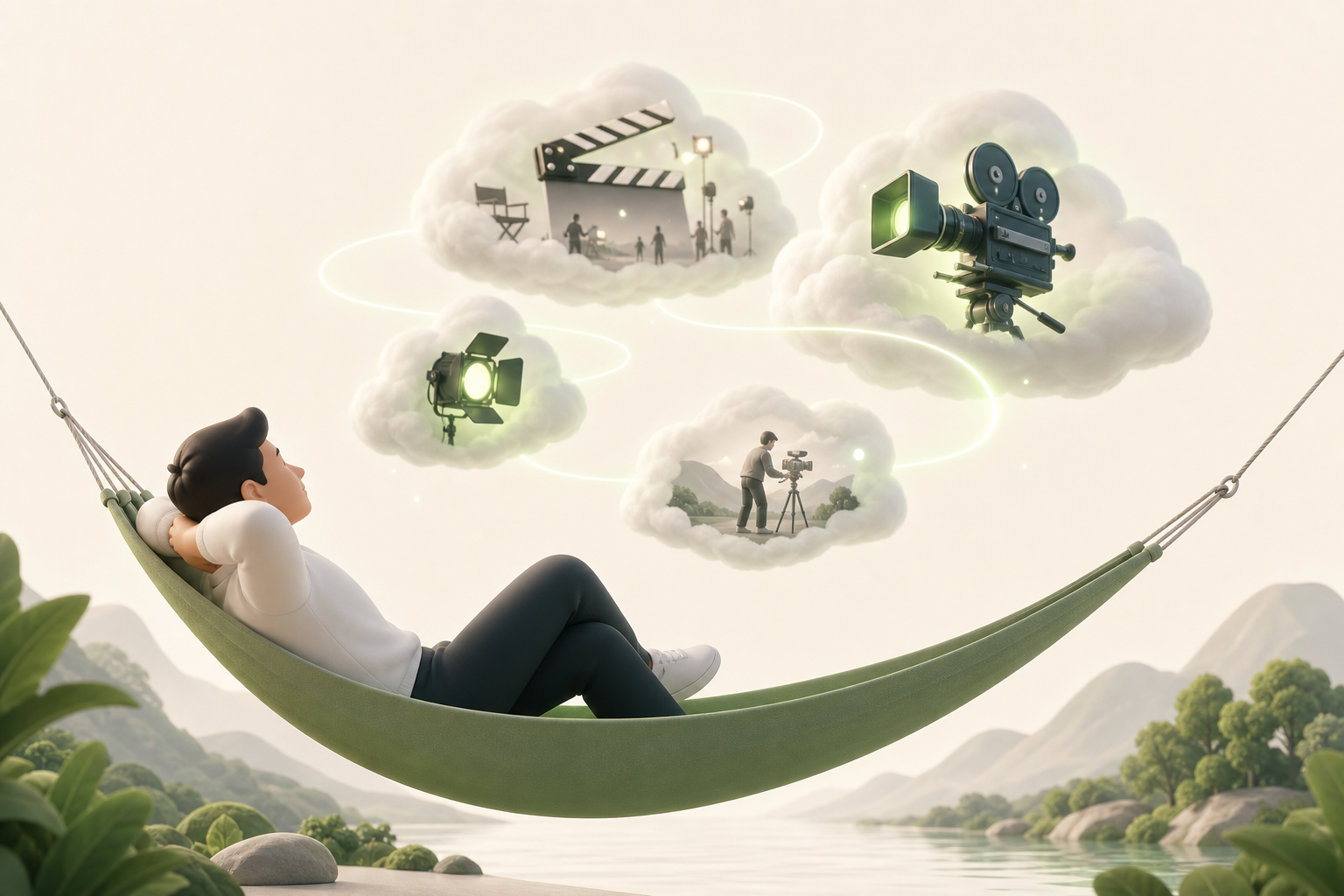 A dreamer lying in a hammock watches clouds transform into video sequences, each cloud taking the shape of a film set…