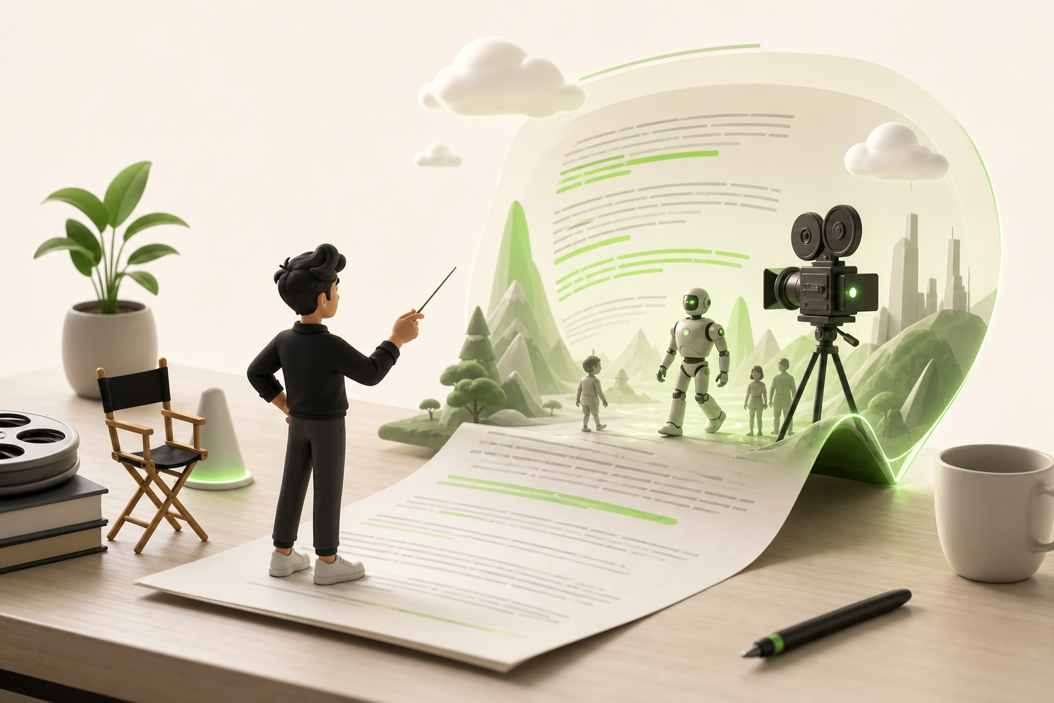 A miniature film director standing on a desk dictates instructions to an animated script page, whose sentences lift off…