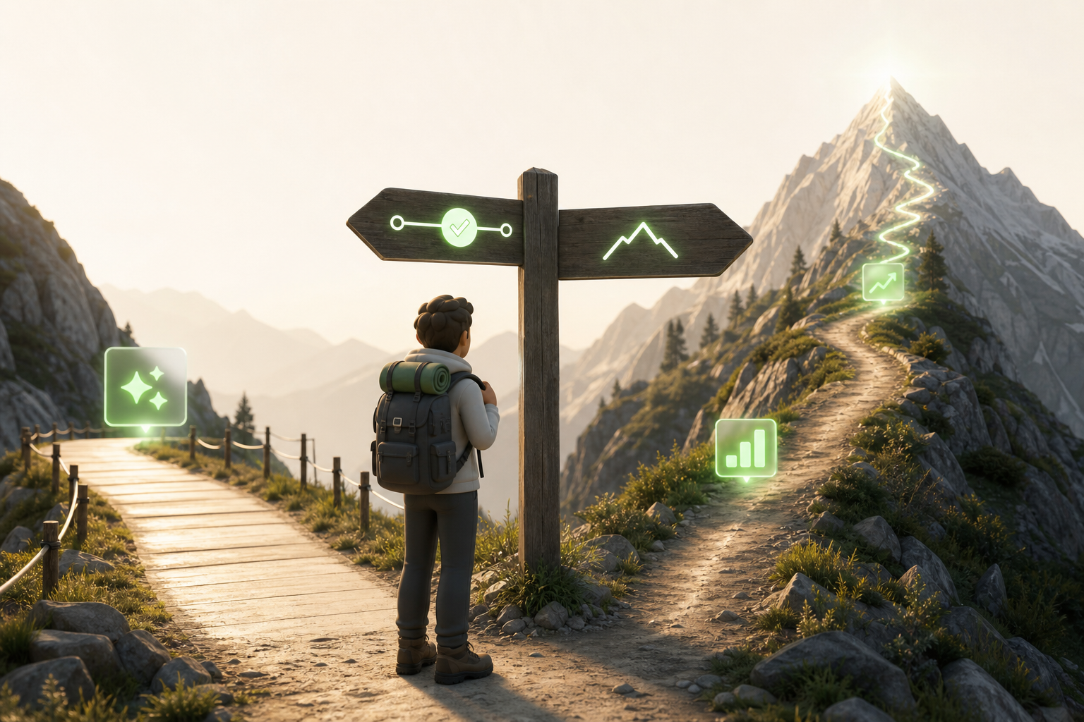 A mountain trail where a hiker reaches a forked signpost: one path flat and well-marked, the other a steep climb…
