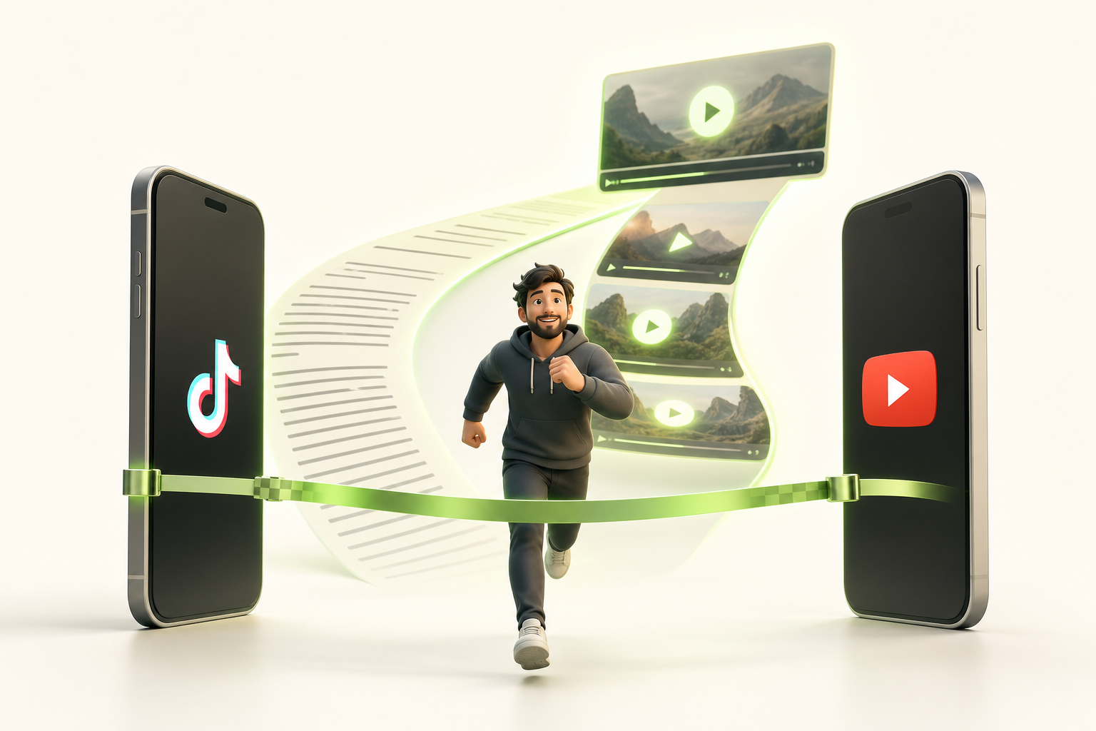 A person crosses a symbolic finish line stretched between two smartphones displaying TikTok and YouTube, with a long journey behind them…