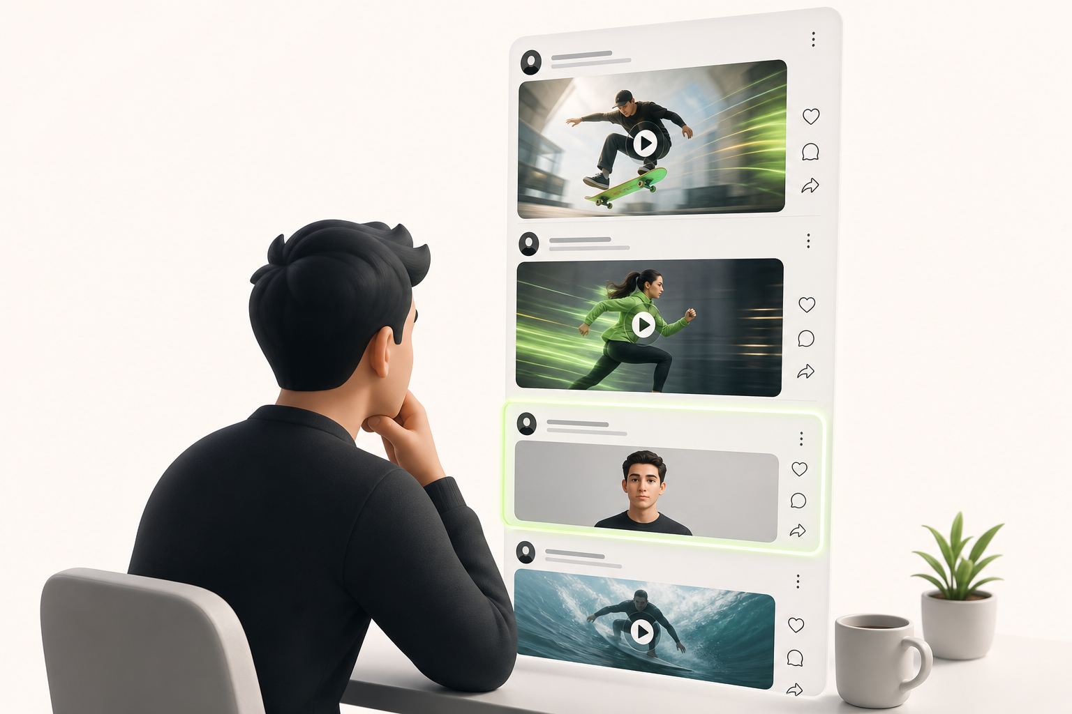 A solo creator sitting at their screen watches their social media feed where their static photo is buried between dynamic videos that grab…