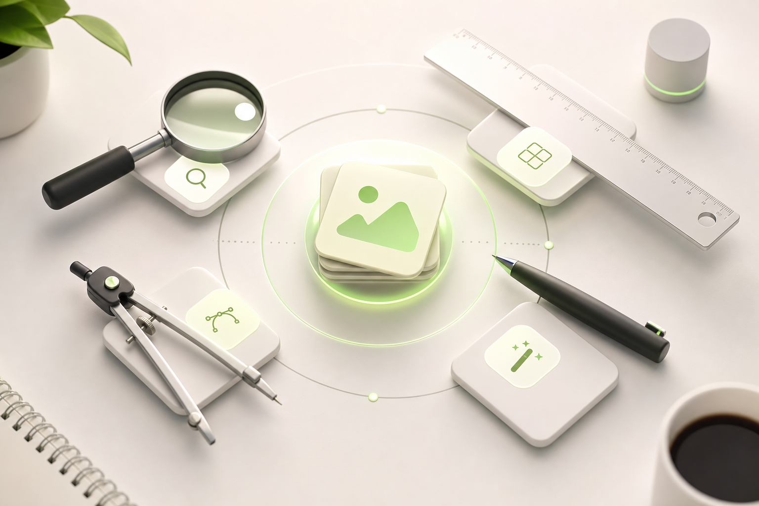 A top-down view of a table with several different tools laid out — magnifying glass, ruler, compass — each labeled with a symbolic icon…