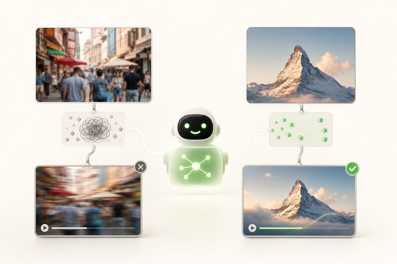 Two photos side by side: one blurry and cluttered with chaotic details producing a messy video, the other sharp with a single clear sub…
