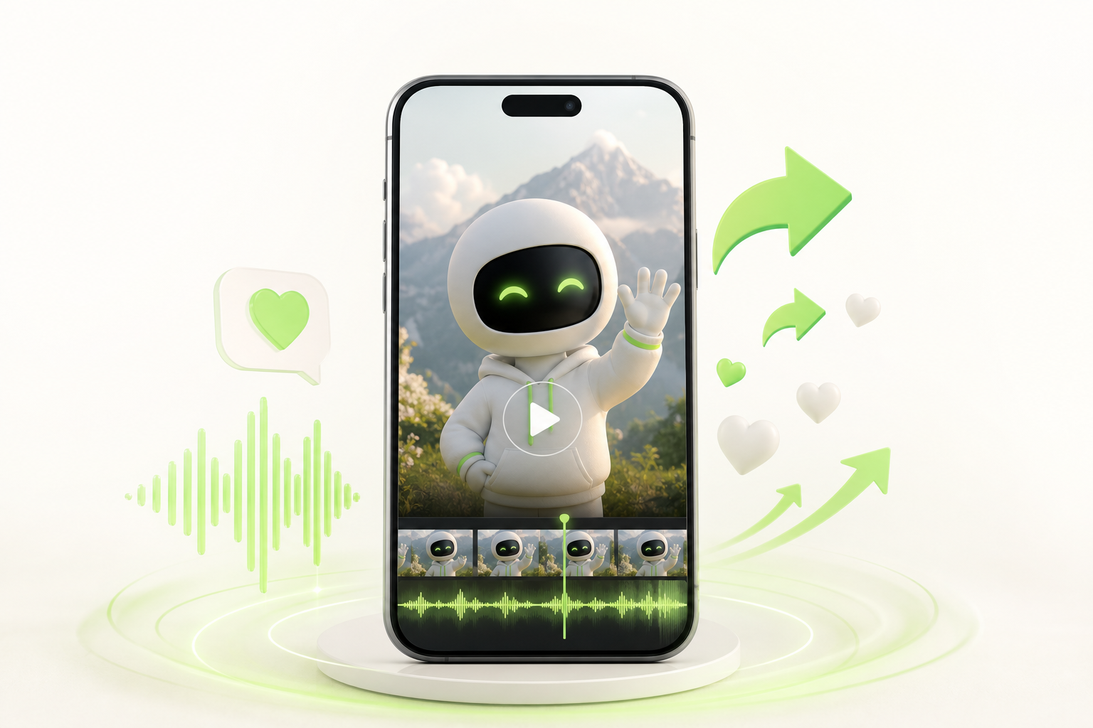 A smartphone filmed head-on displays a short animated video in a perfect loop, surrounded by visual symbols of virality — sound waves,…