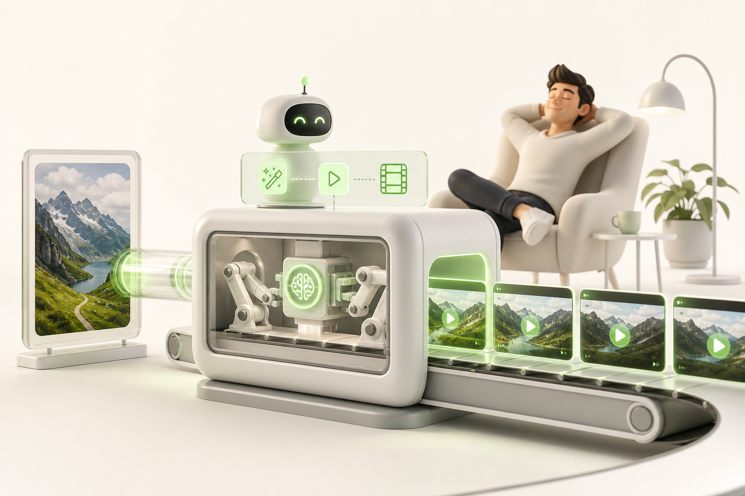 A miniaturized automated production line — a photo enters on one side, finished videos flow out continuously on the other —…