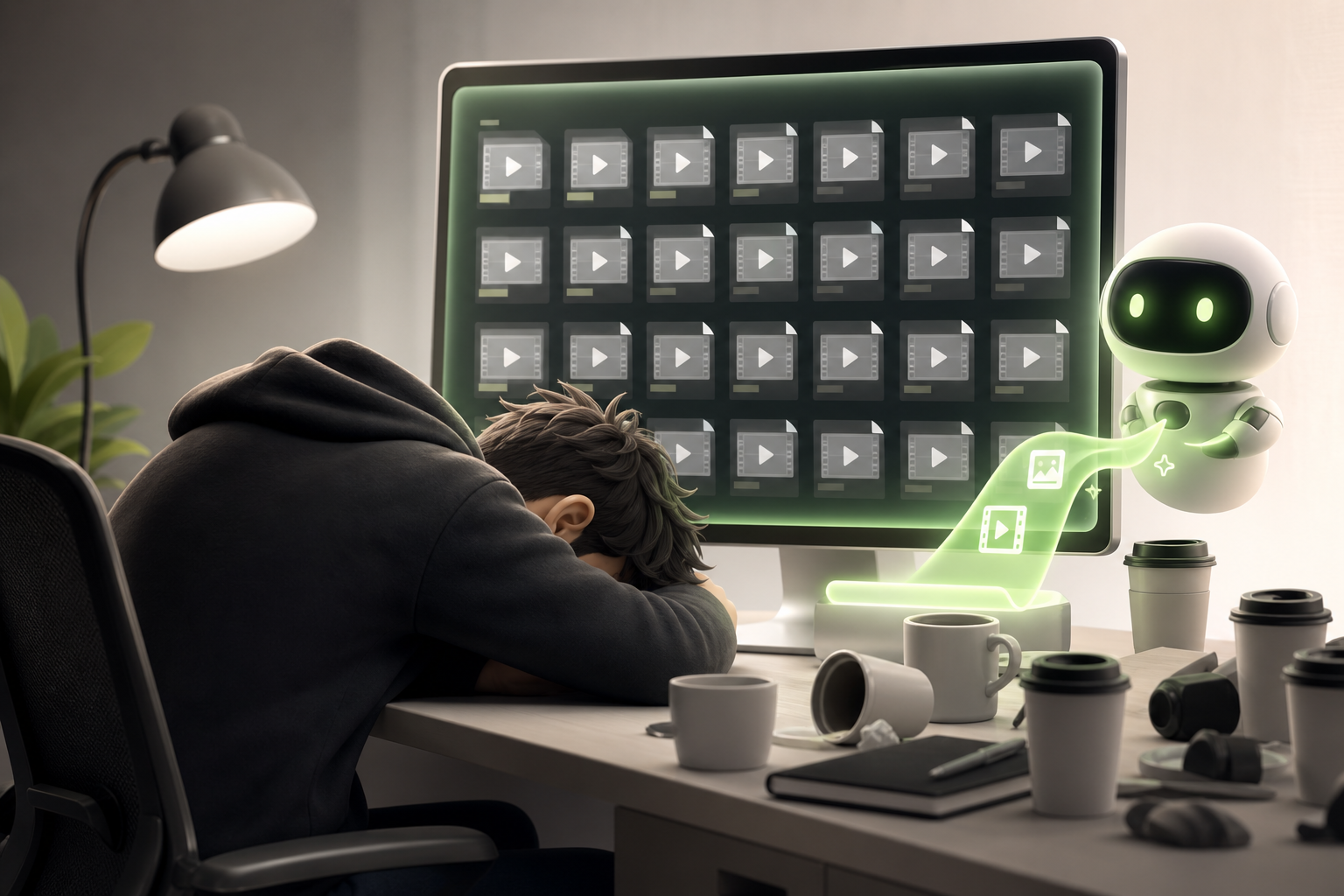 An exhausted creator with their head on their desk in the middle of the night, surrounded by empty cups, while footage piles up on their screen…
