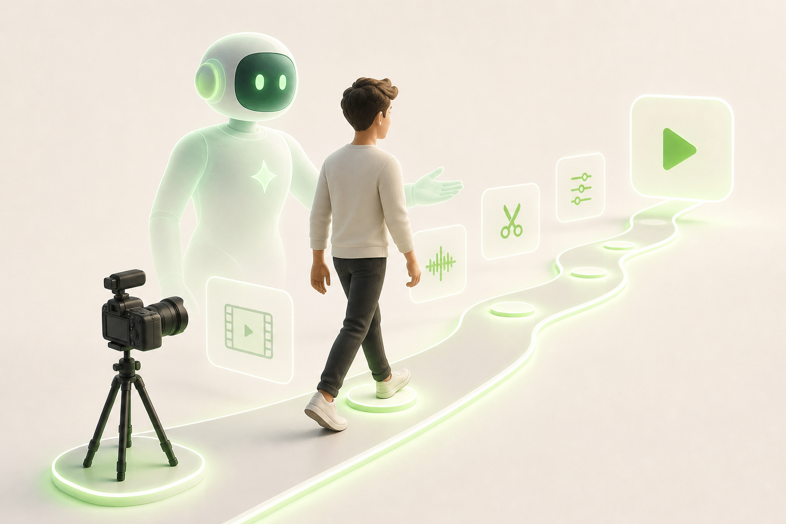 A creator follows a path marked by glowing steps on the ground — from a camera on a tripod all the way to a publish button —…