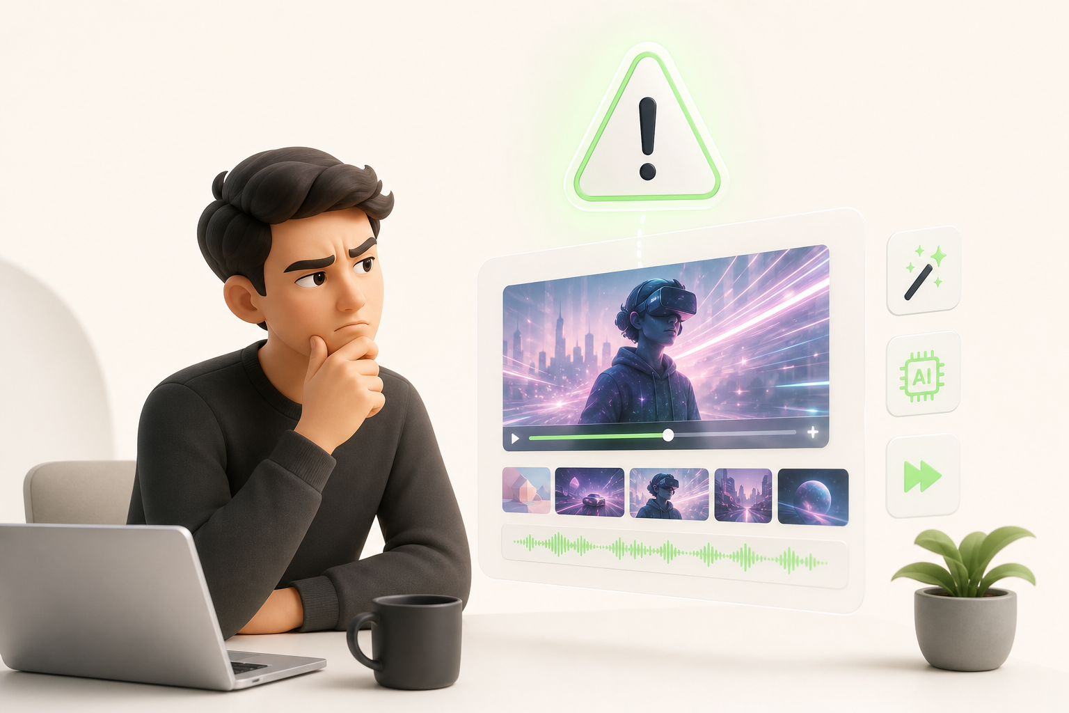 A creator looks skeptically at an auto-generated video that doesn't match their style at all, a warning sign floating nearby…