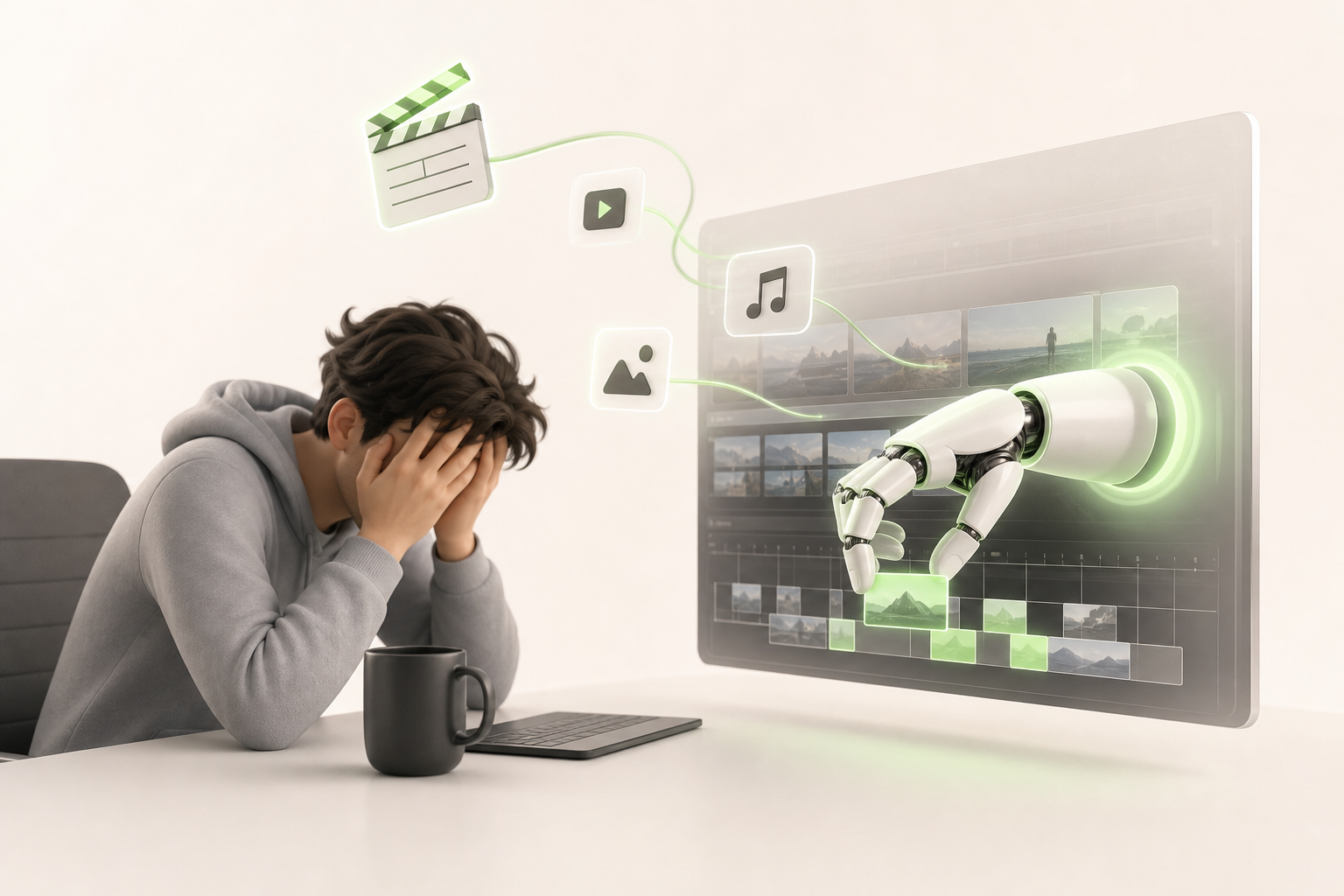 An exhausted young creator with their head in their hands in front of an endless editing timeline, while a glowing mechanical hand hove…