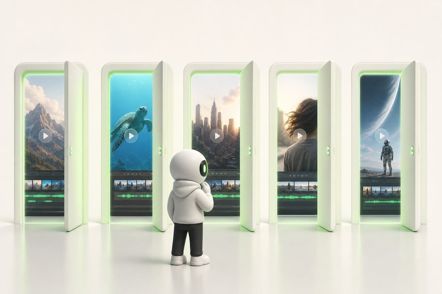 Five doors lined up side by side, each slightly ajar to reveal a glowing screen showing a different clip, inviting the creator to choos…