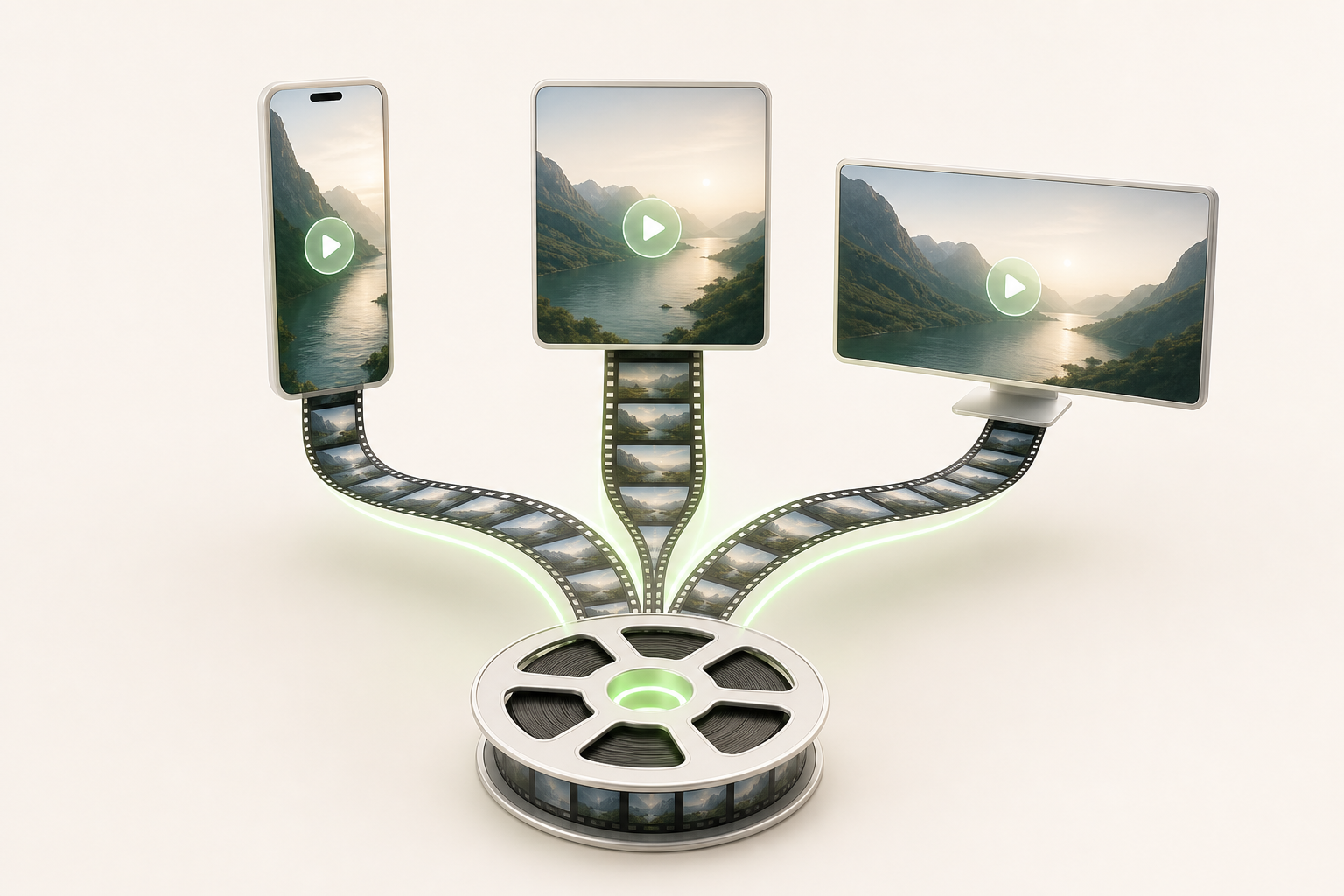 A single strip of film that splits into three distinct ribbons, each wrapping around a different screen — vertical, square, horizont…