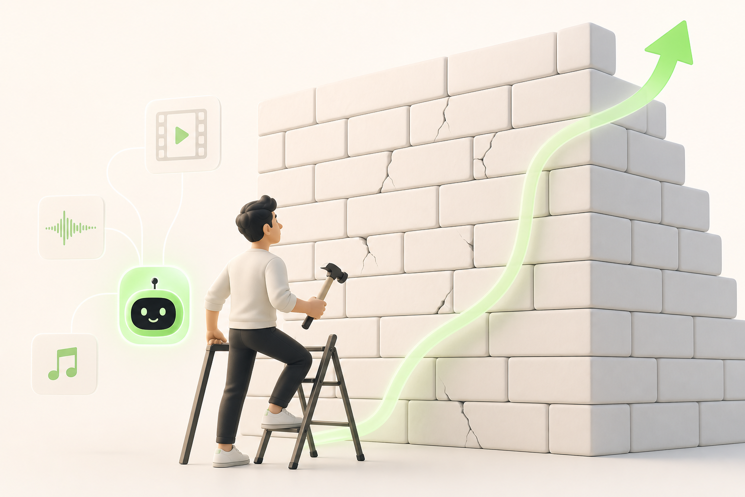 A brick wall with several small visible cracks, in front of which a creator holds simple tools — a ladder, a hammer…