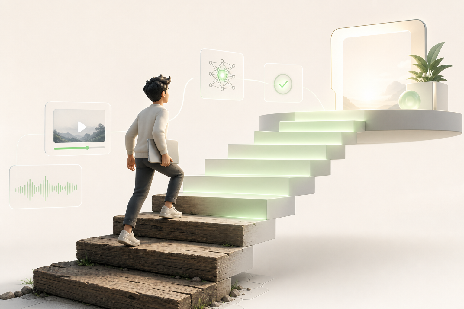 A creator climbing a staircase whose lower steps are rough raw wood, while the upper steps gradually become pol…