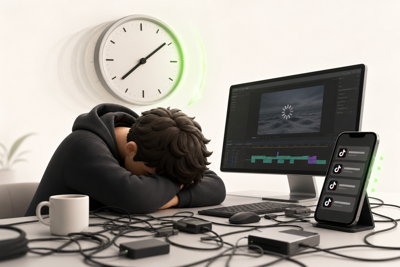 An exhausted creator with their head resting on a cluttered desk full of cables and a frozen editing screen, while a wall clock ticks away…