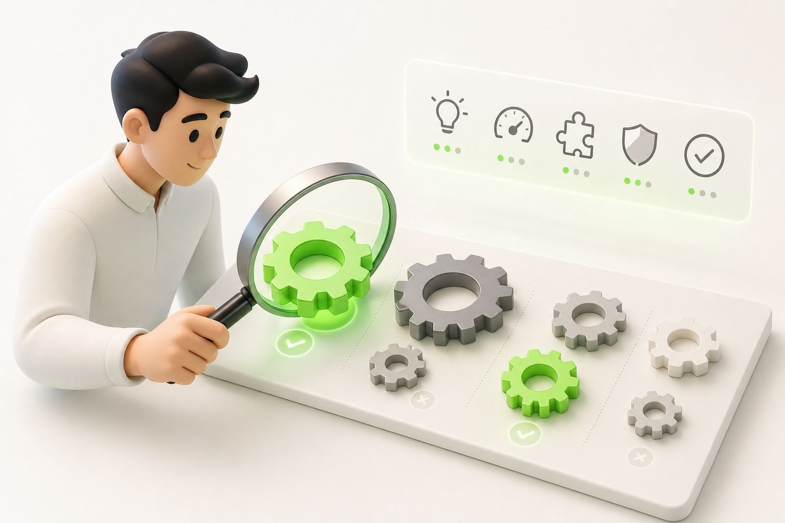 A person holding a magnifying glass over a comparison chart represented by several gears of different sizes, some of which…