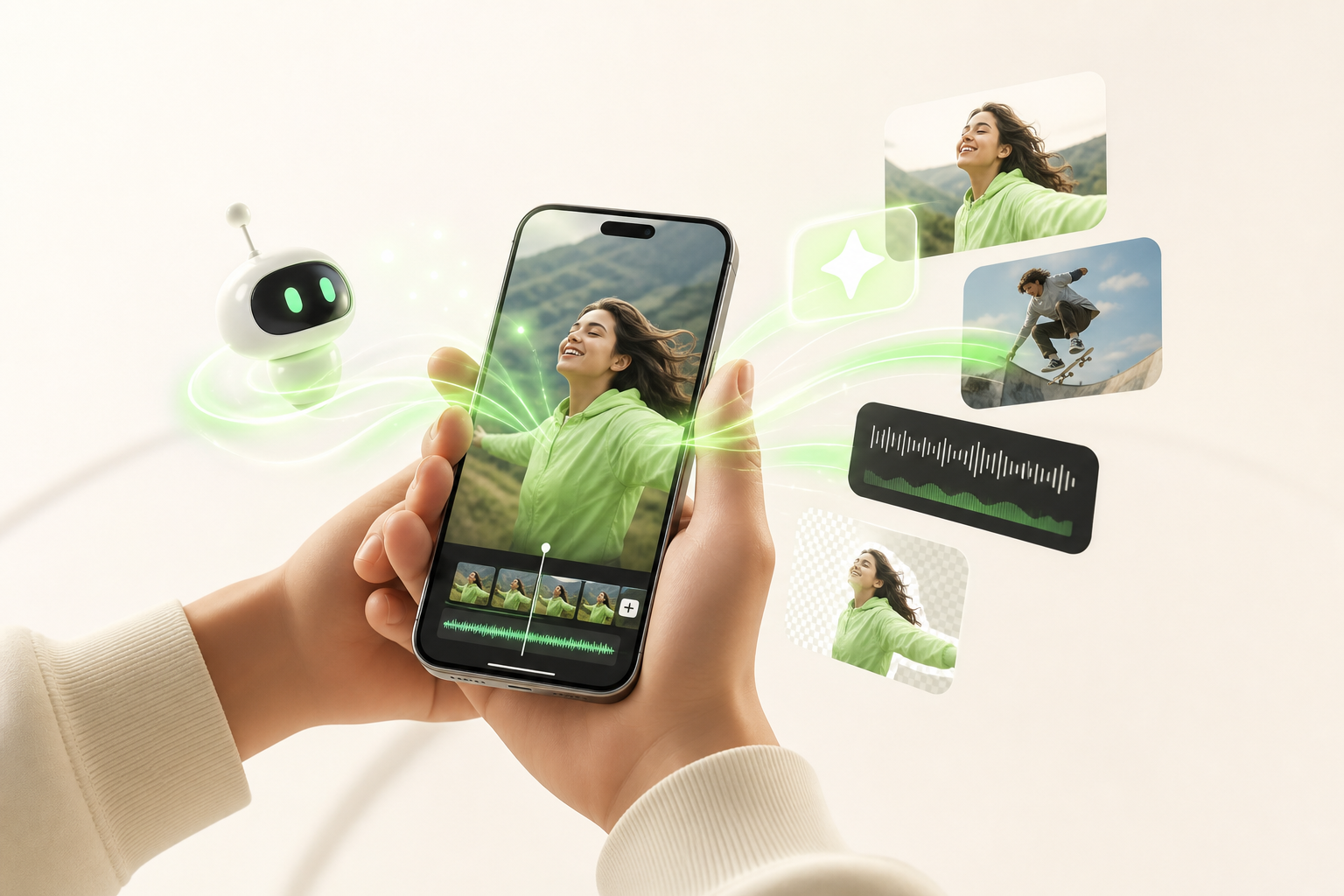 Hands holding a smartphone from which visual effects, animated captions, and dynamic cuts burst out automatically…