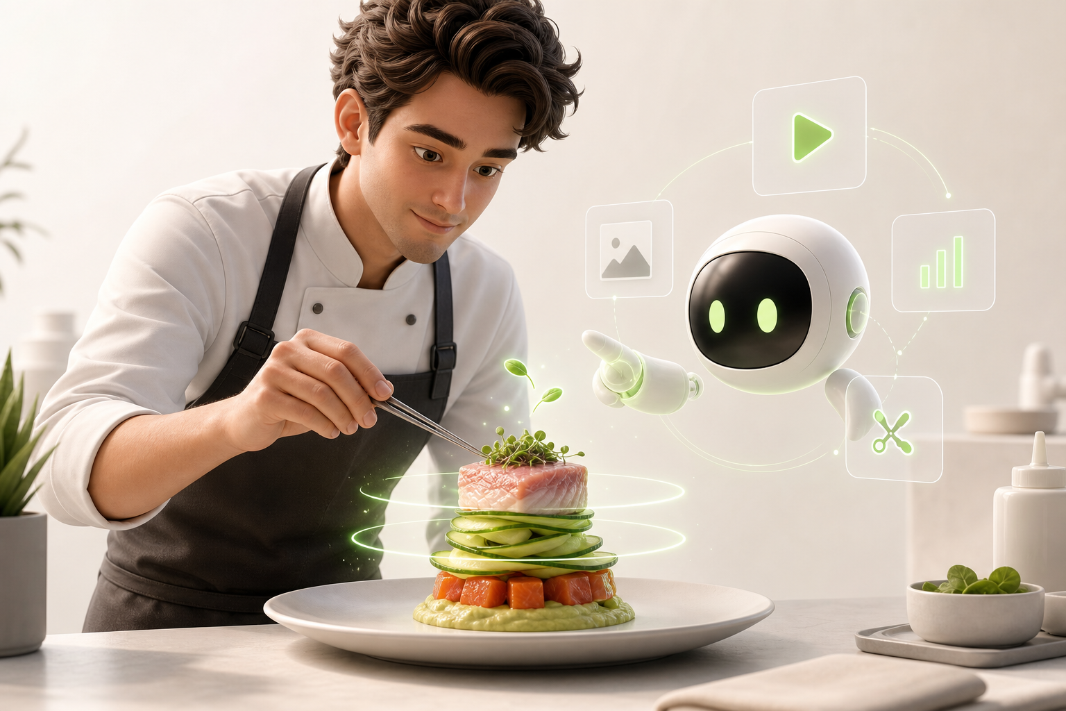A chef in an apron assembling a dish with ingredients arranged in a precise order — a compelling opening element…