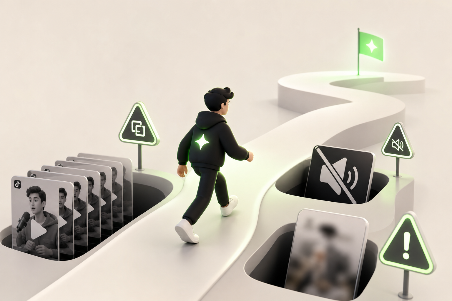 A creator walking down a path scattered with visible pitfalls — a template clone identical to ten other videos, a flagged audio track…