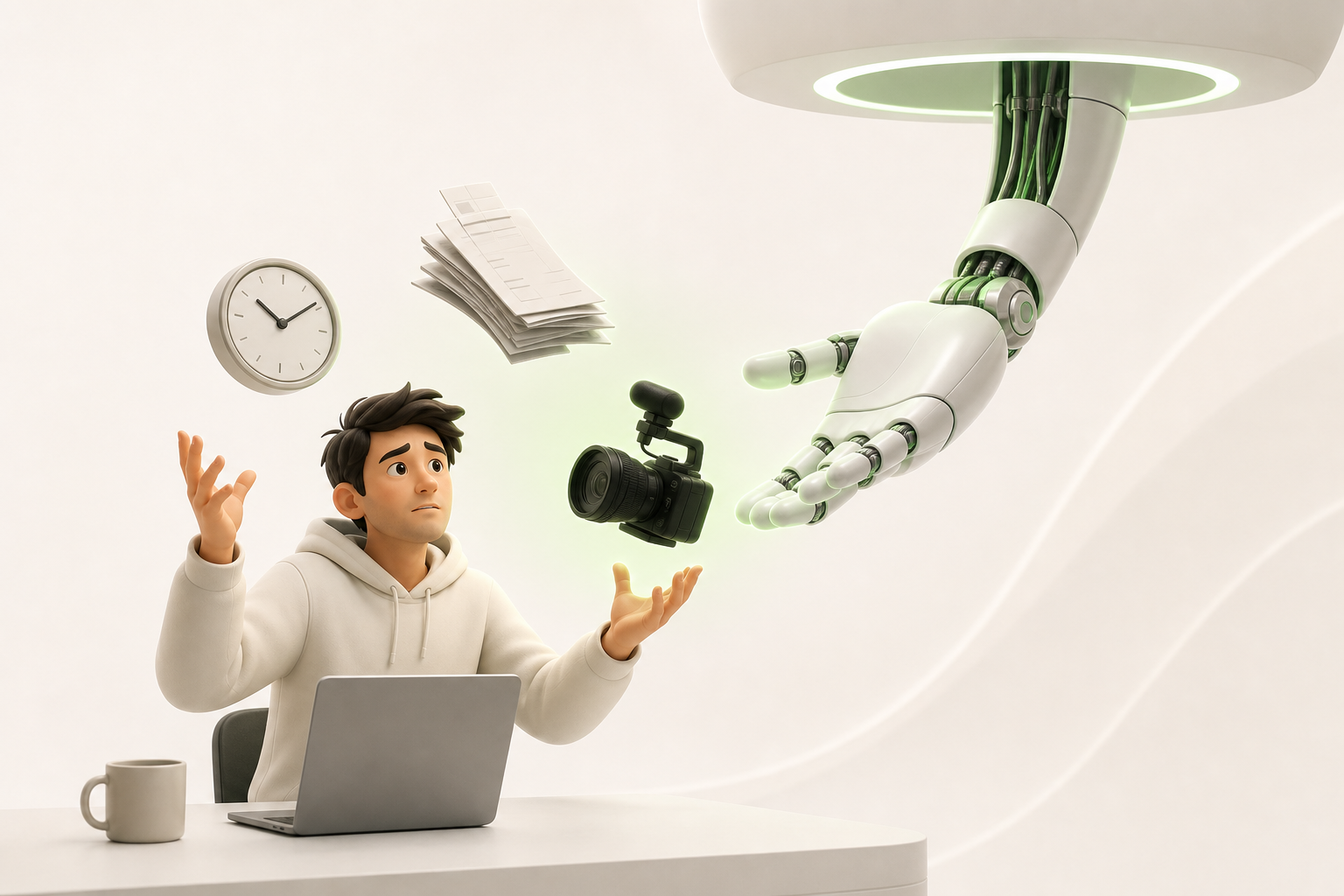 An exhausted solo creator juggles a clock, a pile of bills, and a camera, while a friendly mechanical hand reaches down…