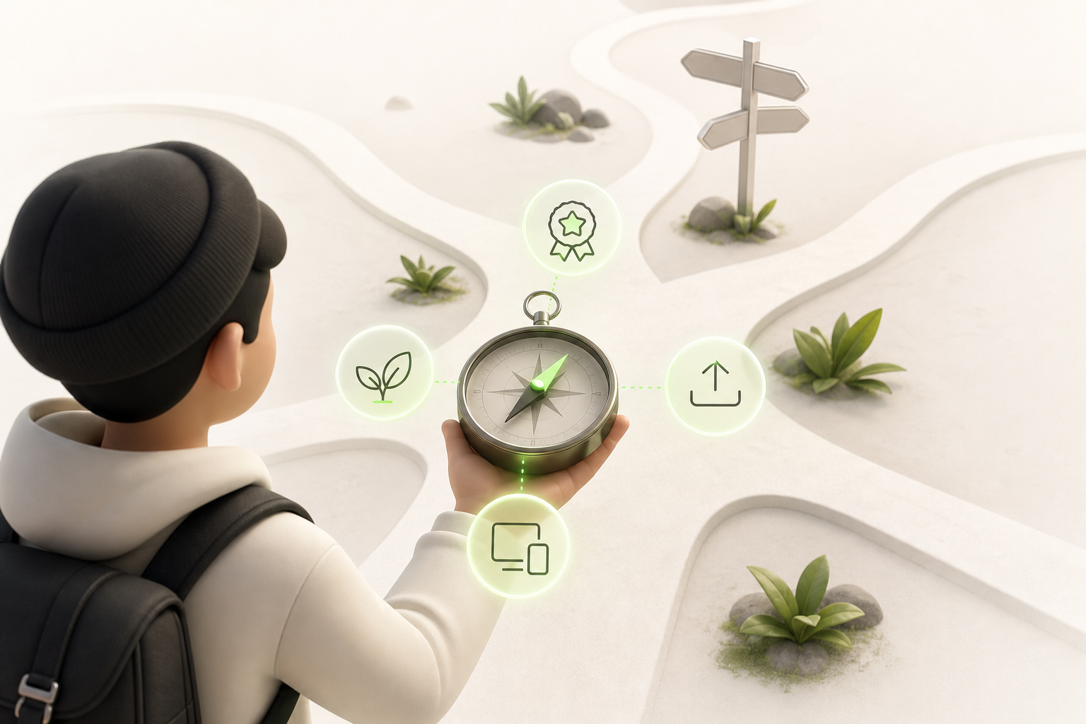 An explorer consults a compass whose four cardinal points display icons representing quality, simplicity, limitations…