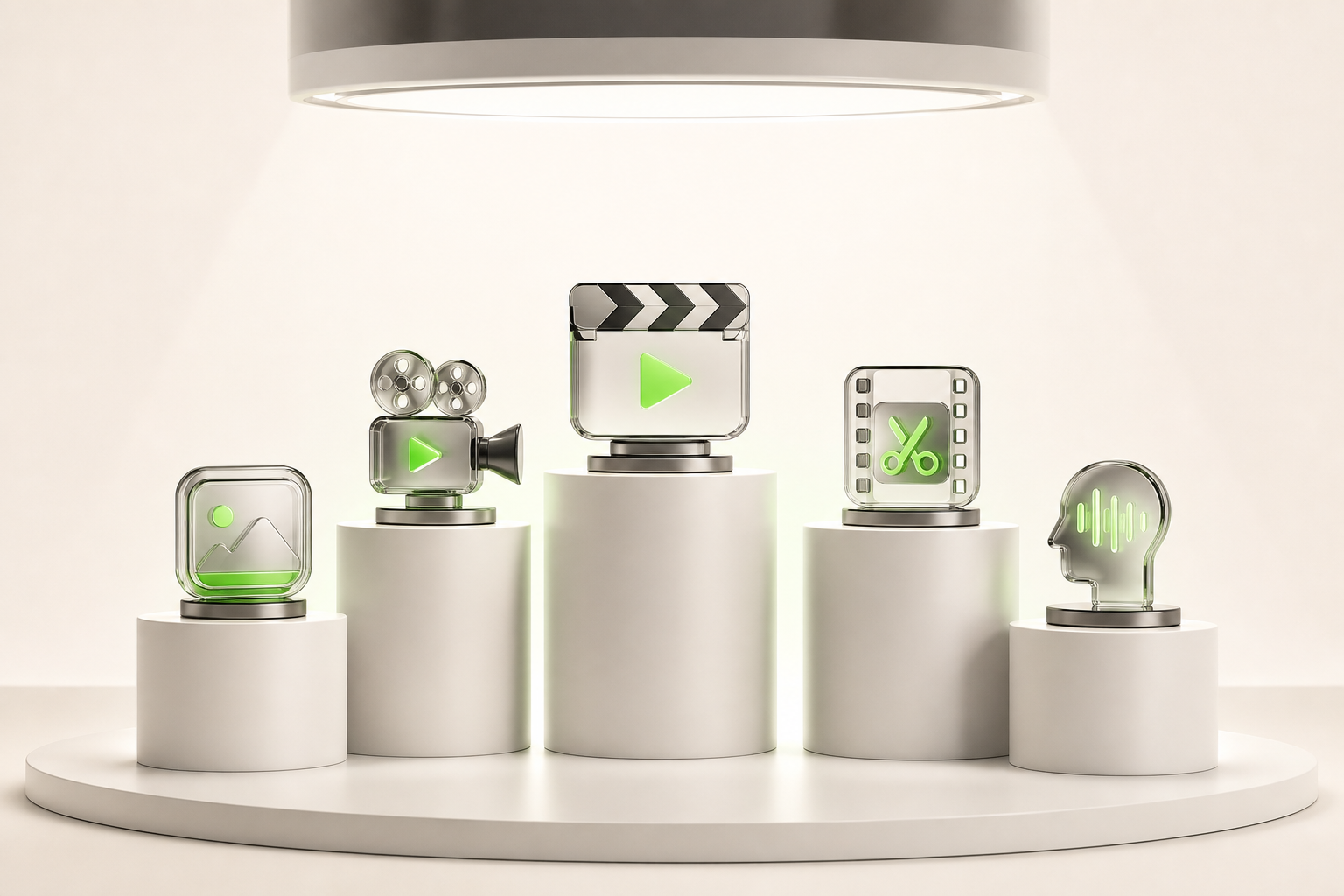 Five podiums of slightly different heights each support a distinctive trophy, arranged in an arc under a spotlight that…