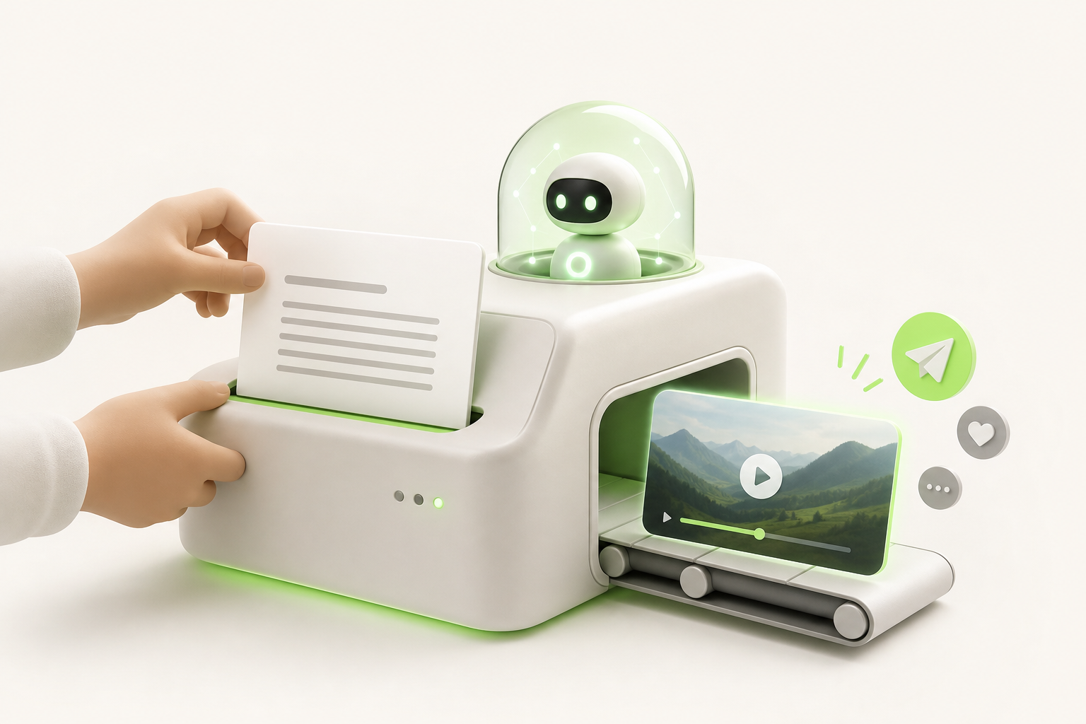Hands grab a block of raw text and slide it into a compact machine, from which a small video emerges ten seconds later…