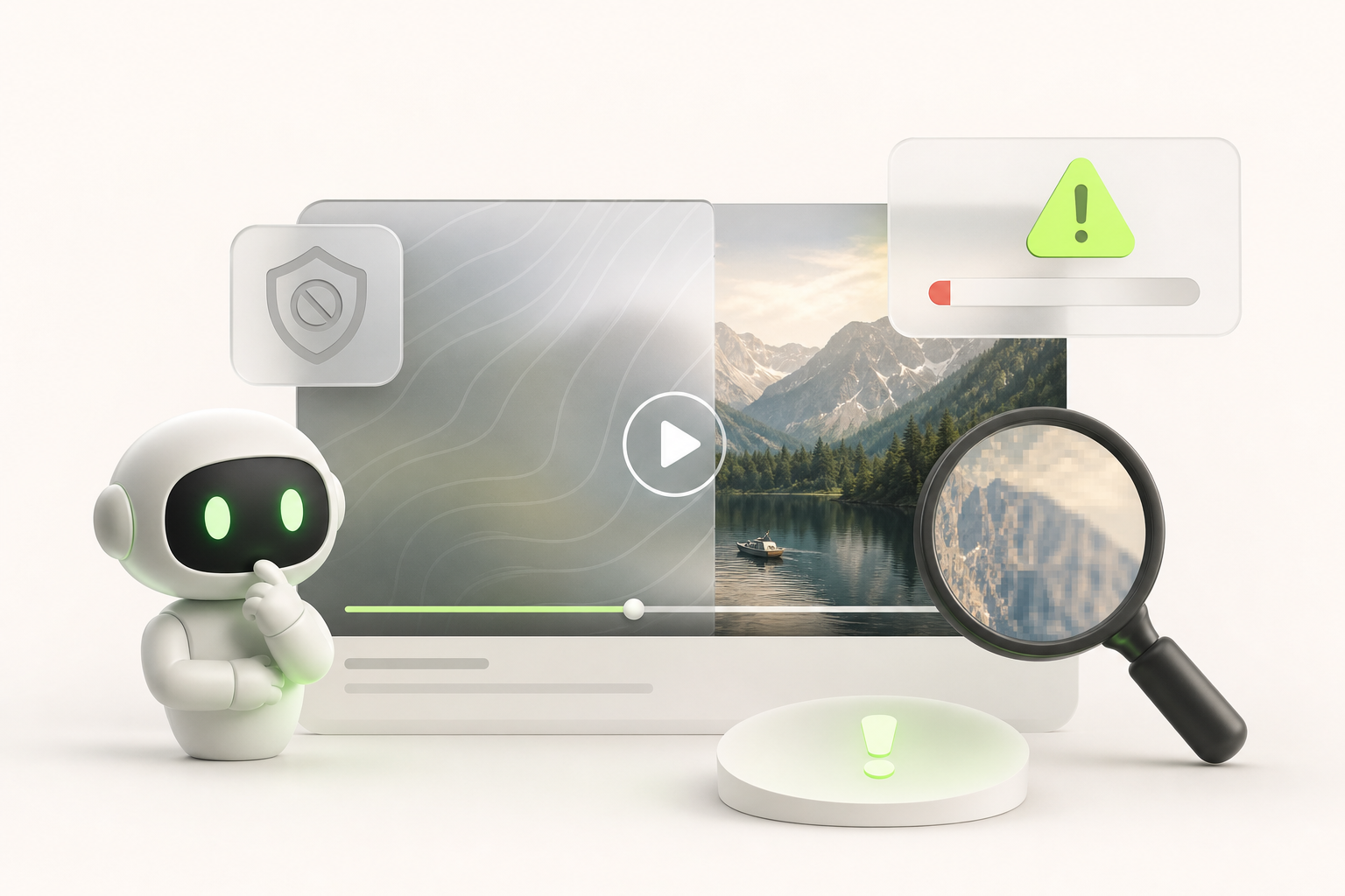 A framed video is half-covered by an opaque glass panel symbolizing a watermark, while a warning sign signals…