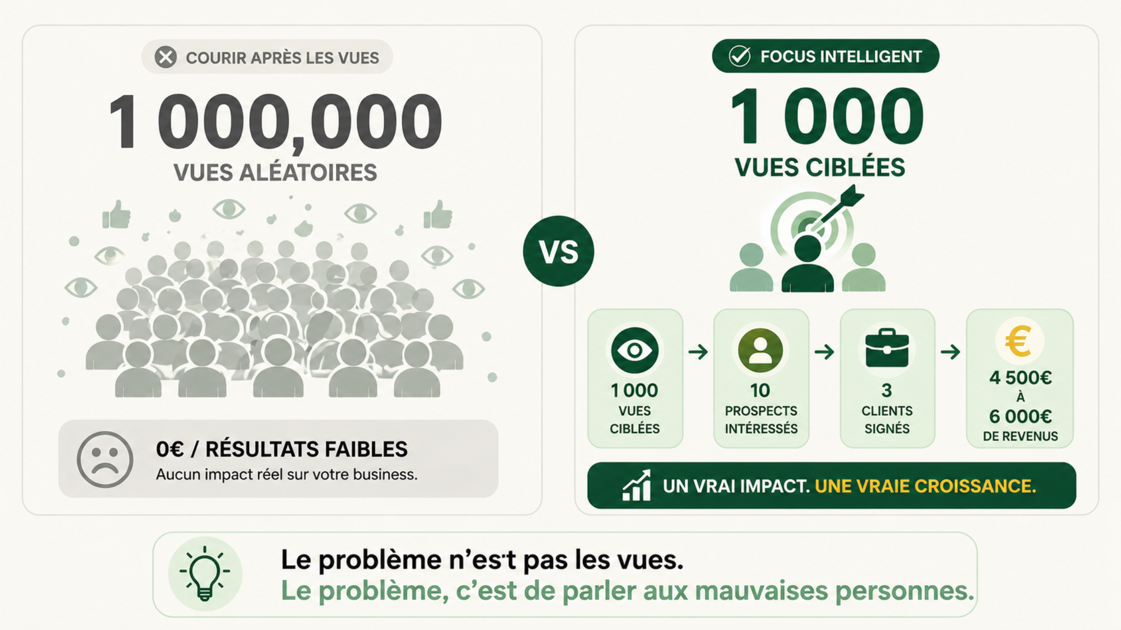 1 million de vues aléatoires (0 € de revenus) vs 1 000 vues ciblées (4 500 € à 6 000 €) : qualité contre quantité