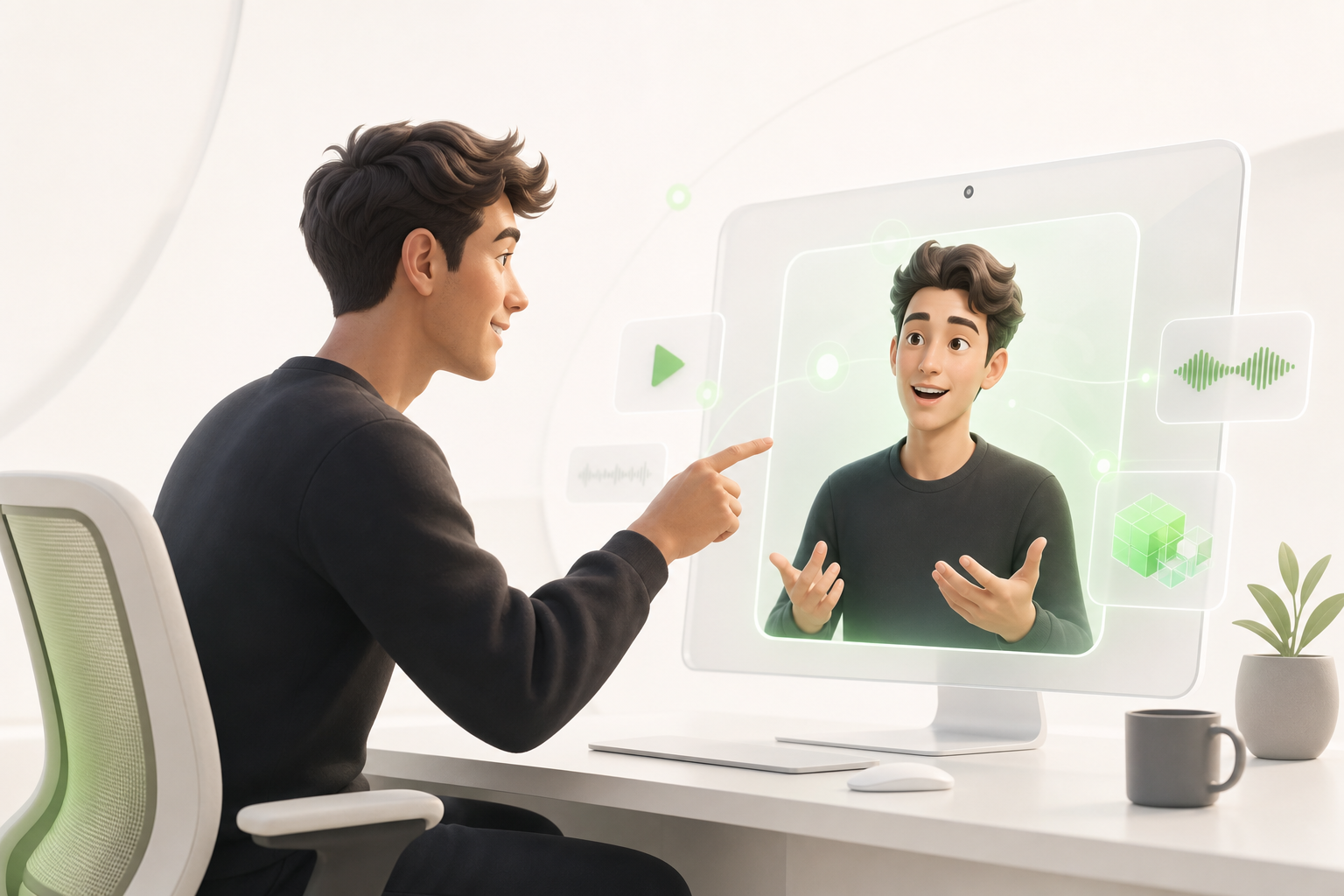 A young creator points at an animated avatar on their screen that vaguely resembles them, as if discovering it for the first time