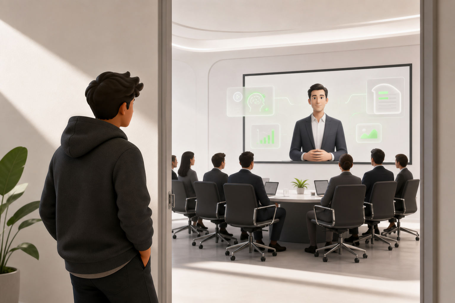 A large corporate meeting room full of suited executives watches a video presentation with an avatar on screen